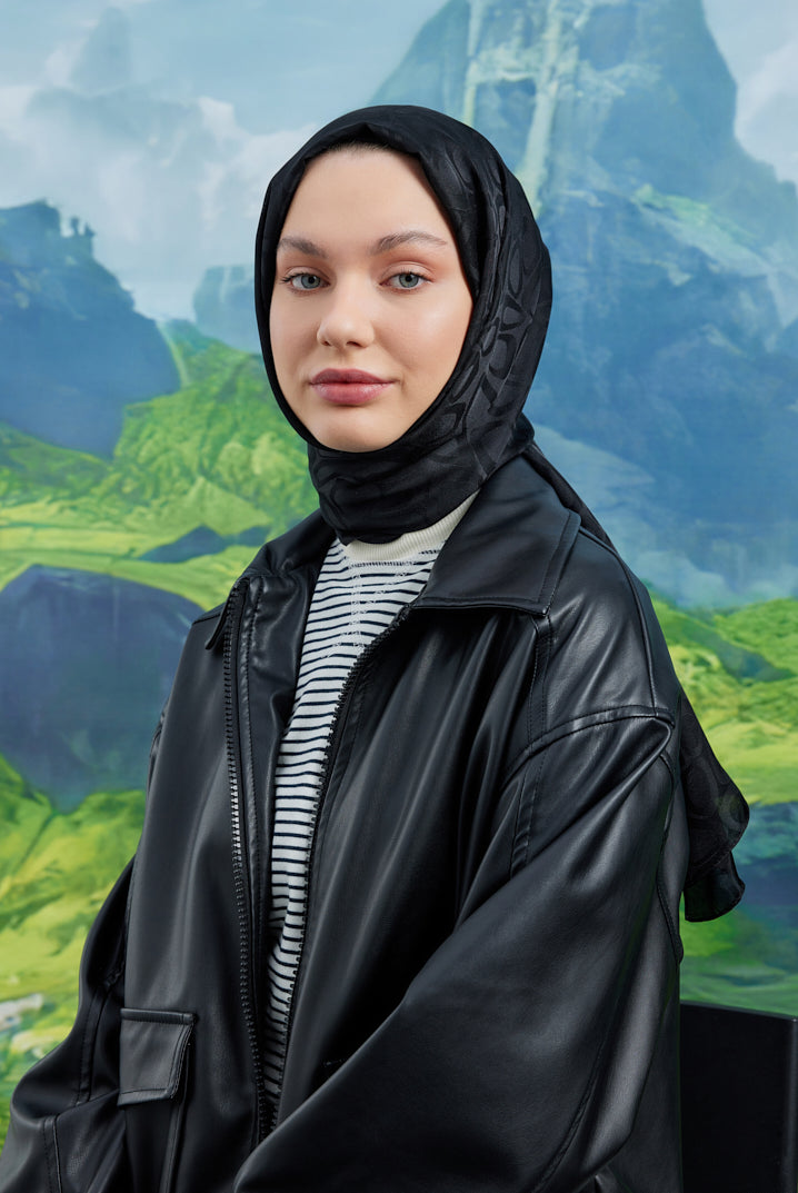 Tesettür Giyim - Jakar Janjan Taş Desen Şal - Siyah - Emproyal