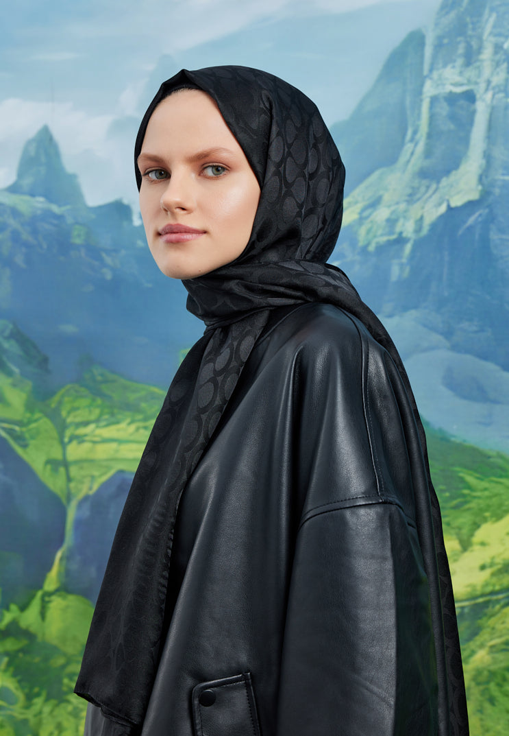 Tesettür Giyim - Jakar Janjan Bloom Desen Şal - Siyah - Emproyal