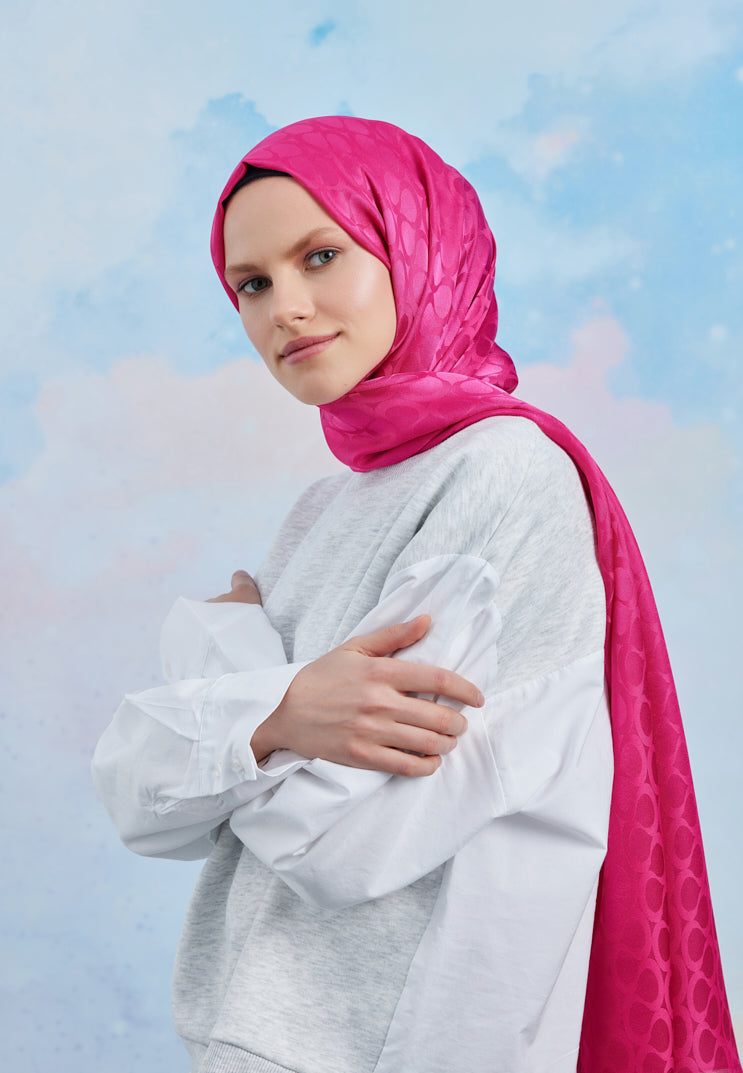 Tesettür Giyim - Jakar Janjan Bloom Desen Şal - Fuşya - Emproyal