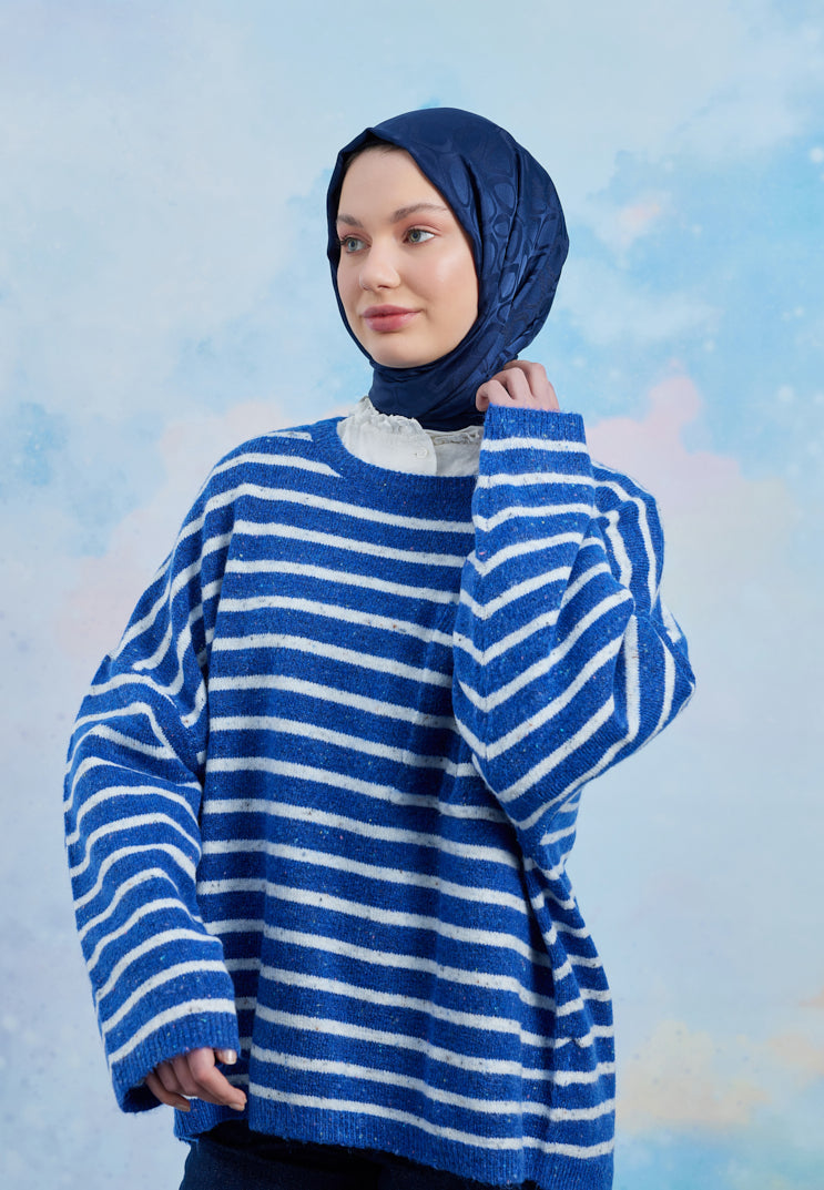 Tesettür Giyim - Jakar Janjan Taş Desen Şal - Gece Mavisi - Emproyal