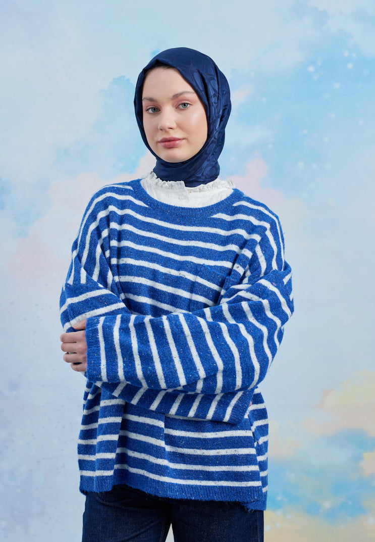 Tesettür Giyim - Jakar Janjan Taş Desen Şal - Gece Mavisi - Emproyal