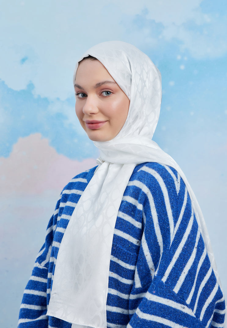 Tesettür Giyim - Jakar Janjan Bloom Desen Şal - Beyaz - Emproyal