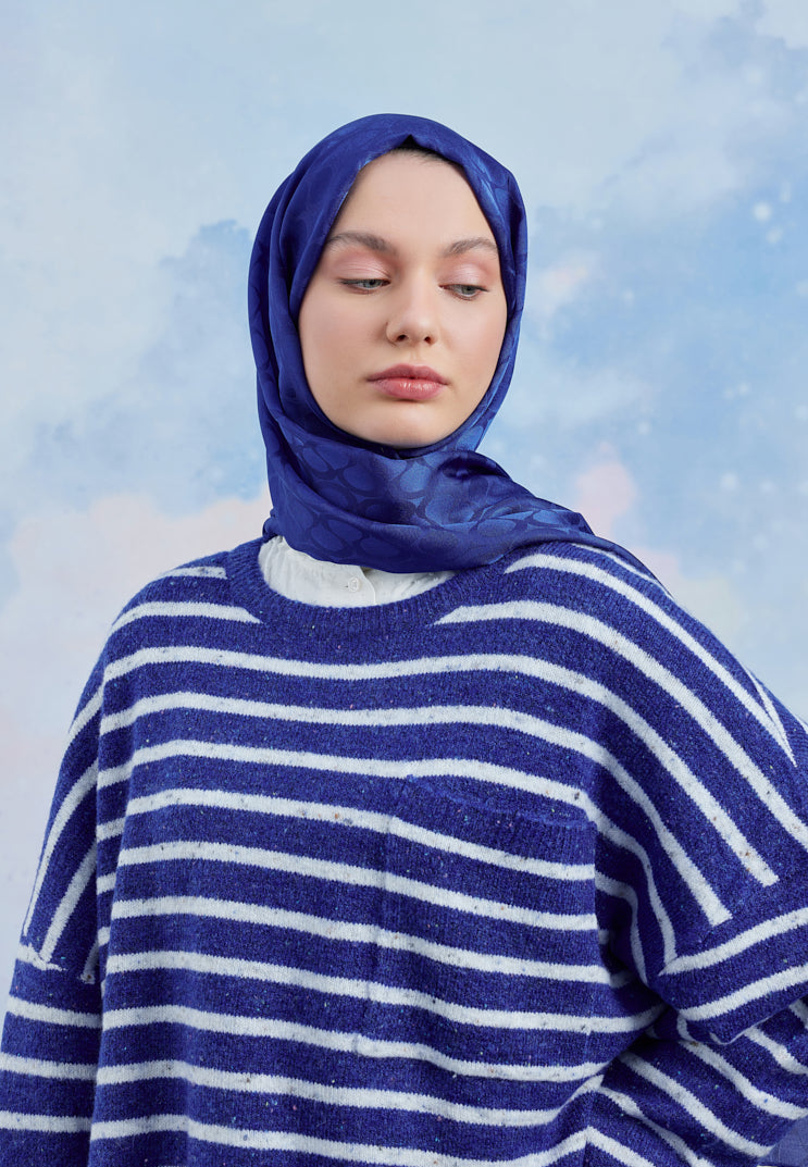 Tesettür Giyim - Jakar Janjan Bloom Desen Şal - Saks Mavisi - Emproyal