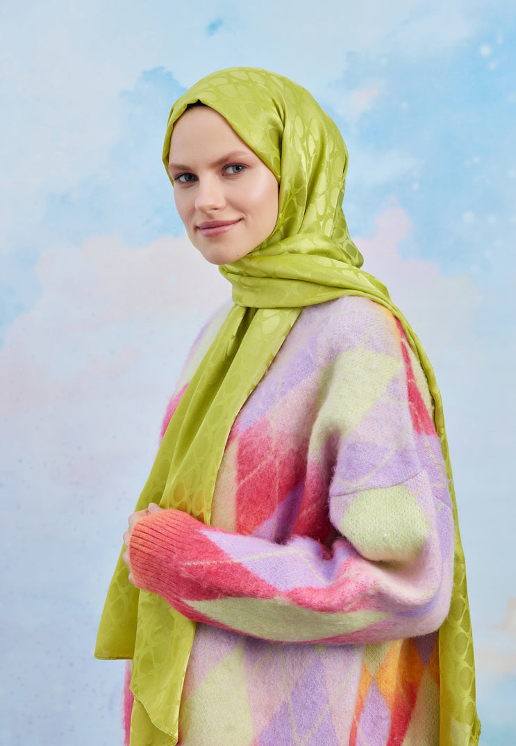 Tesettür Giyim - Jakar Janjan Bloom Desen Şal - Yağ Yeşili - Emproyal