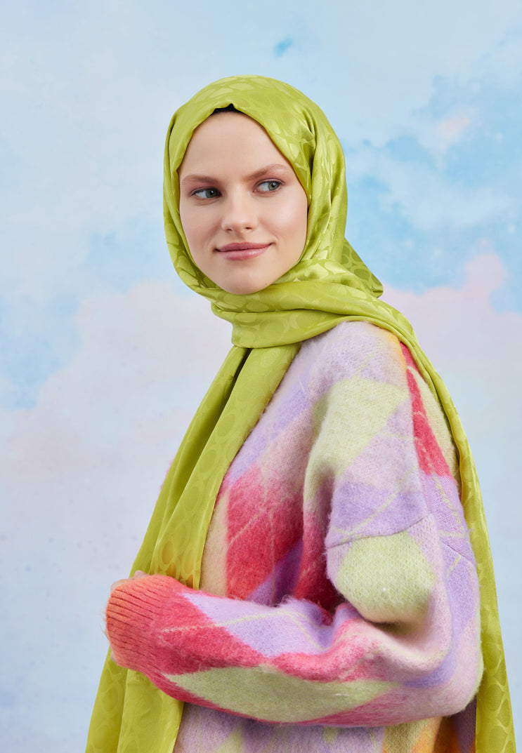 Tesettür Giyim - Jakar Janjan Bloom Desen Şal - Yağ Yeşili - Emproyal