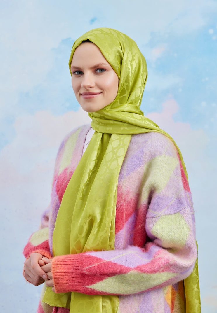 Tesettür Giyim - Jakar Janjan Bloom Desen Şal - Yağ Yeşili - Emproyal