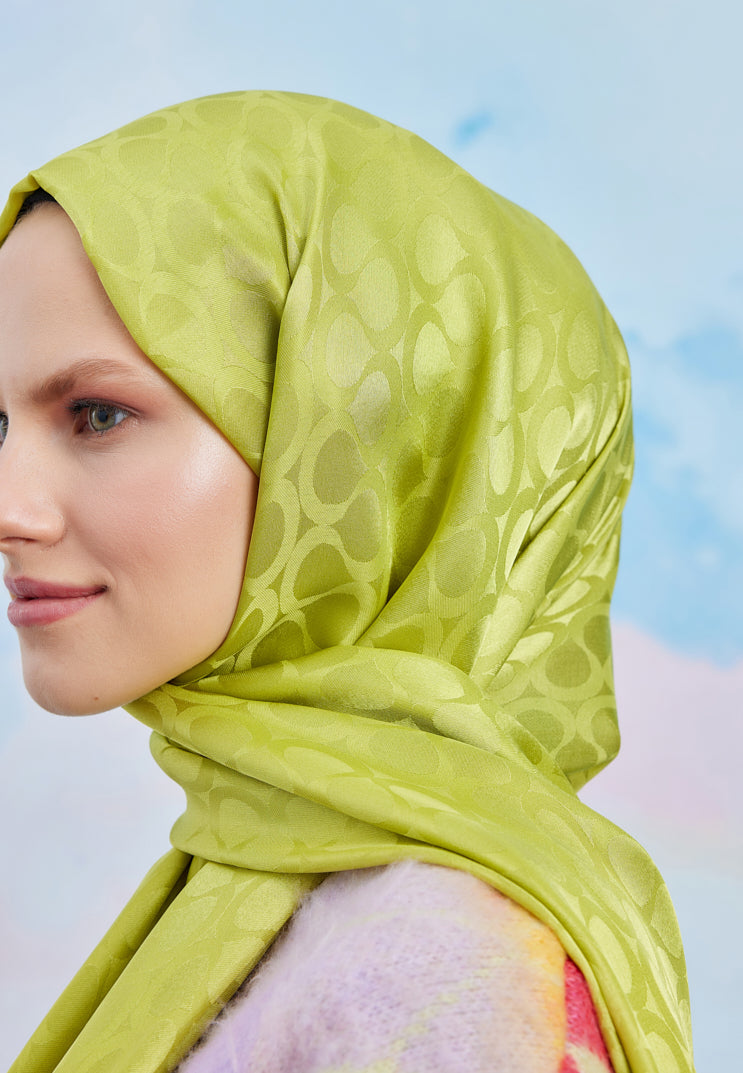 Tesettür Giyim - Jakar Janjan Bloom Desen Şal - Yağ Yeşili - Emproyal