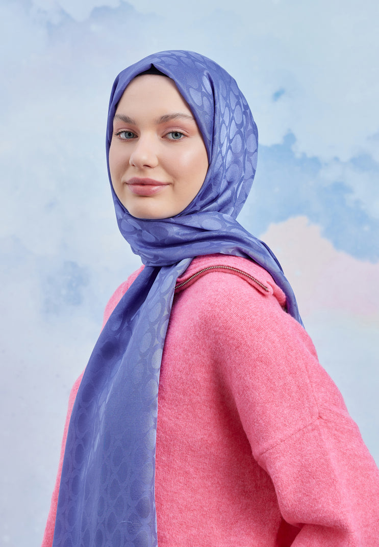 Tesettür Giyim - Jakar Janjan Bloom Desen Şal - İndigo - Emproyal