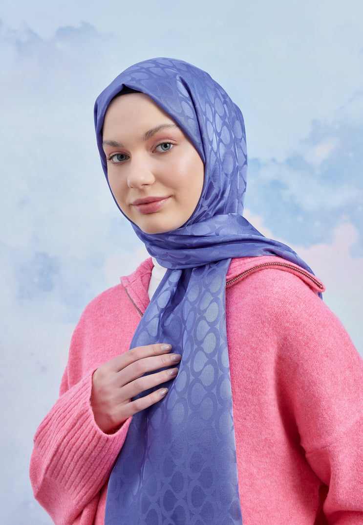 Tesettür Giyim - Jakar Janjan Bloom Desen Şal - İndigo - Emproyal
