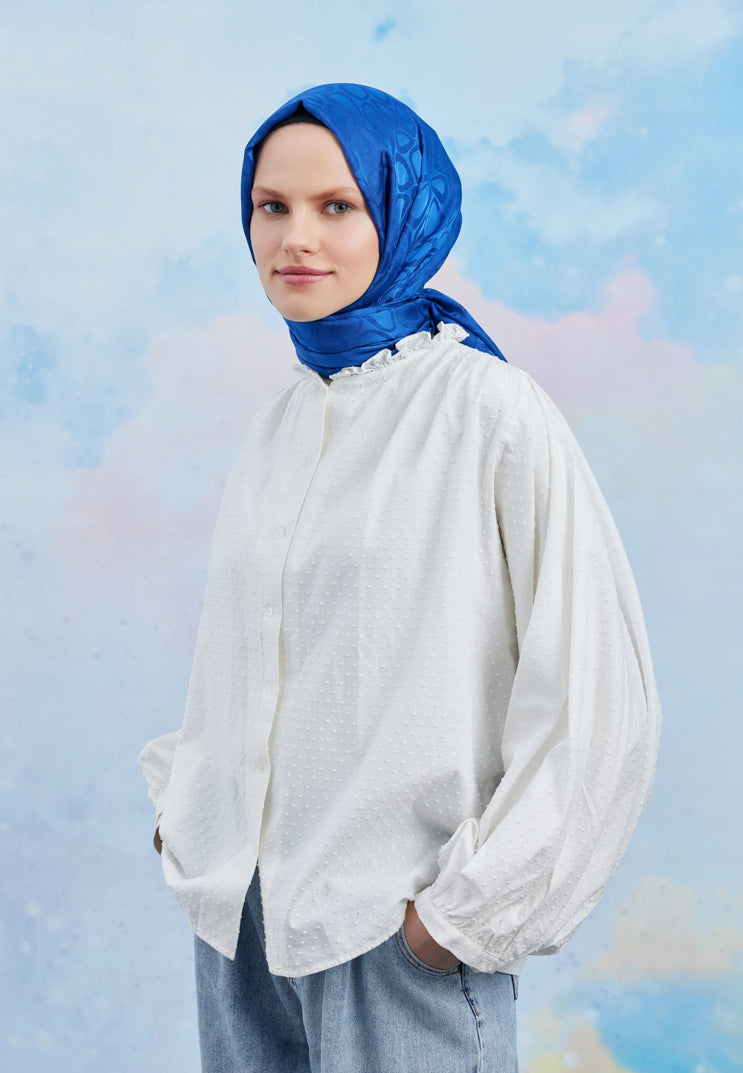 Tesettür Giyim - Jakar Janjan Taş Desen Şal - Saks Mavisi - Emproyal