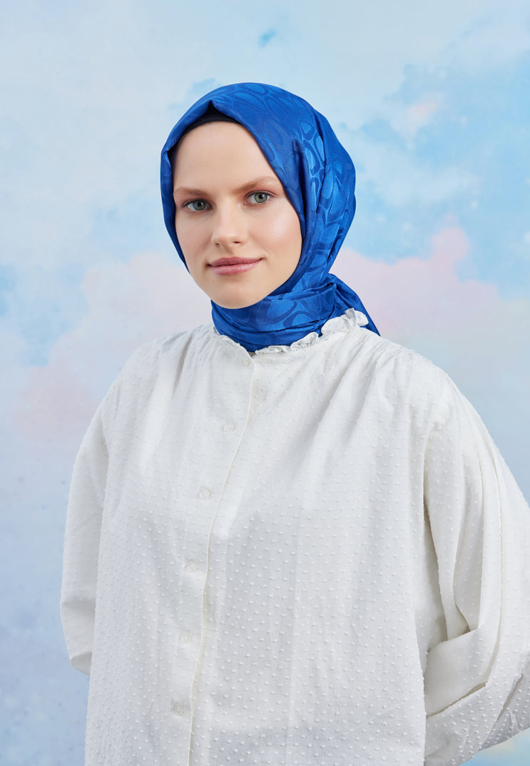 Tesettür Giyim - Jakar Janjan Taş Desen Şal - Saks Mavisi - Emproyal