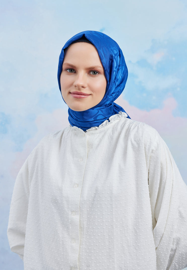 Tesettür Giyim - Jakar Janjan Taş Desen Şal - Saks Mavisi - Emproyal