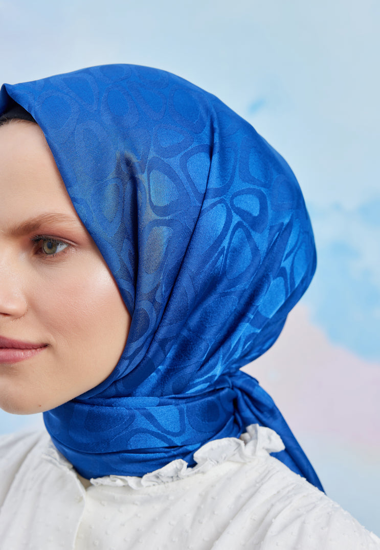 Tesettür Giyim - Jakar Janjan Taş Desen Şal - Saks Mavisi - Emproyal