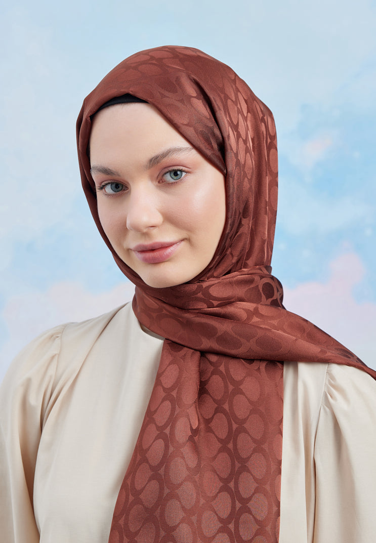 Tesettür Giyim - Jakar Janjan Bloom Desen Şal - Taba - Emproyal