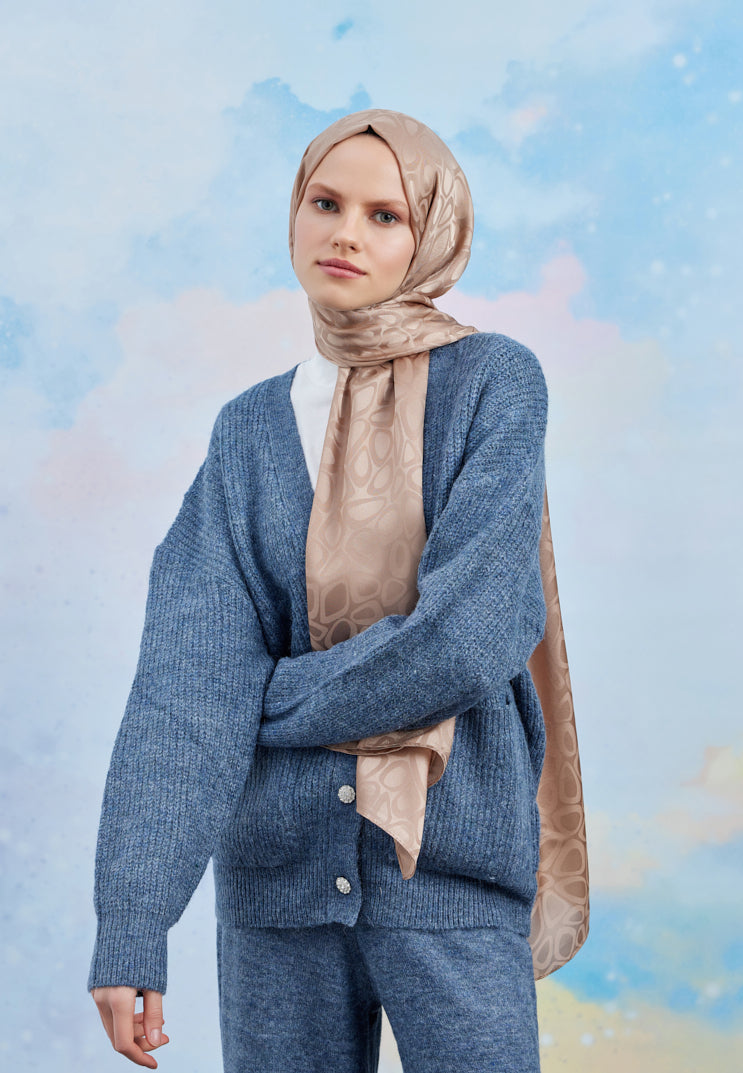 Tesettür Giyim - Jakar Janjan Taş Desen Şal - Krem - Emproyal