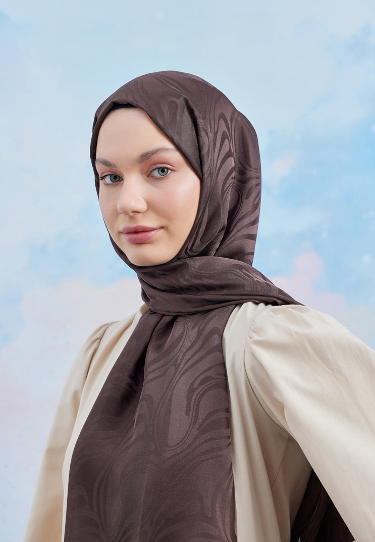 Tesettür Giyim - Jakar Janjan Dalga Desen Şal - Acı Kahve - Emproyal