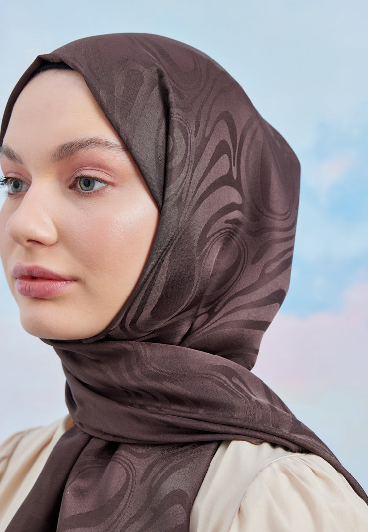 Tesettür Giyim - Jakar Janjan Dalga Desen Şal - Acı Kahve - Emproyal