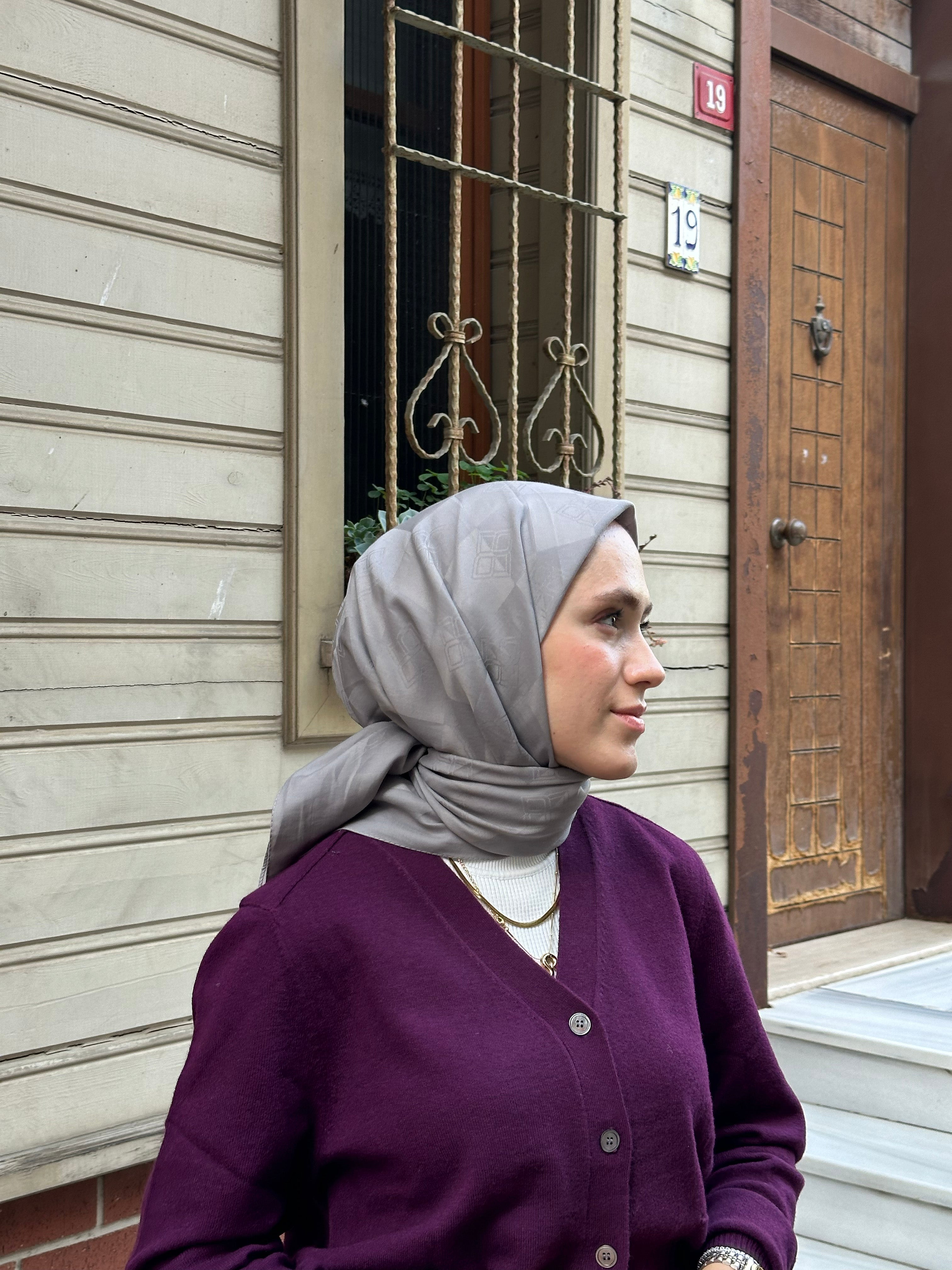 Pamuk Viskon Dama Desen Eşarp - Duman - Gri - Emproyal