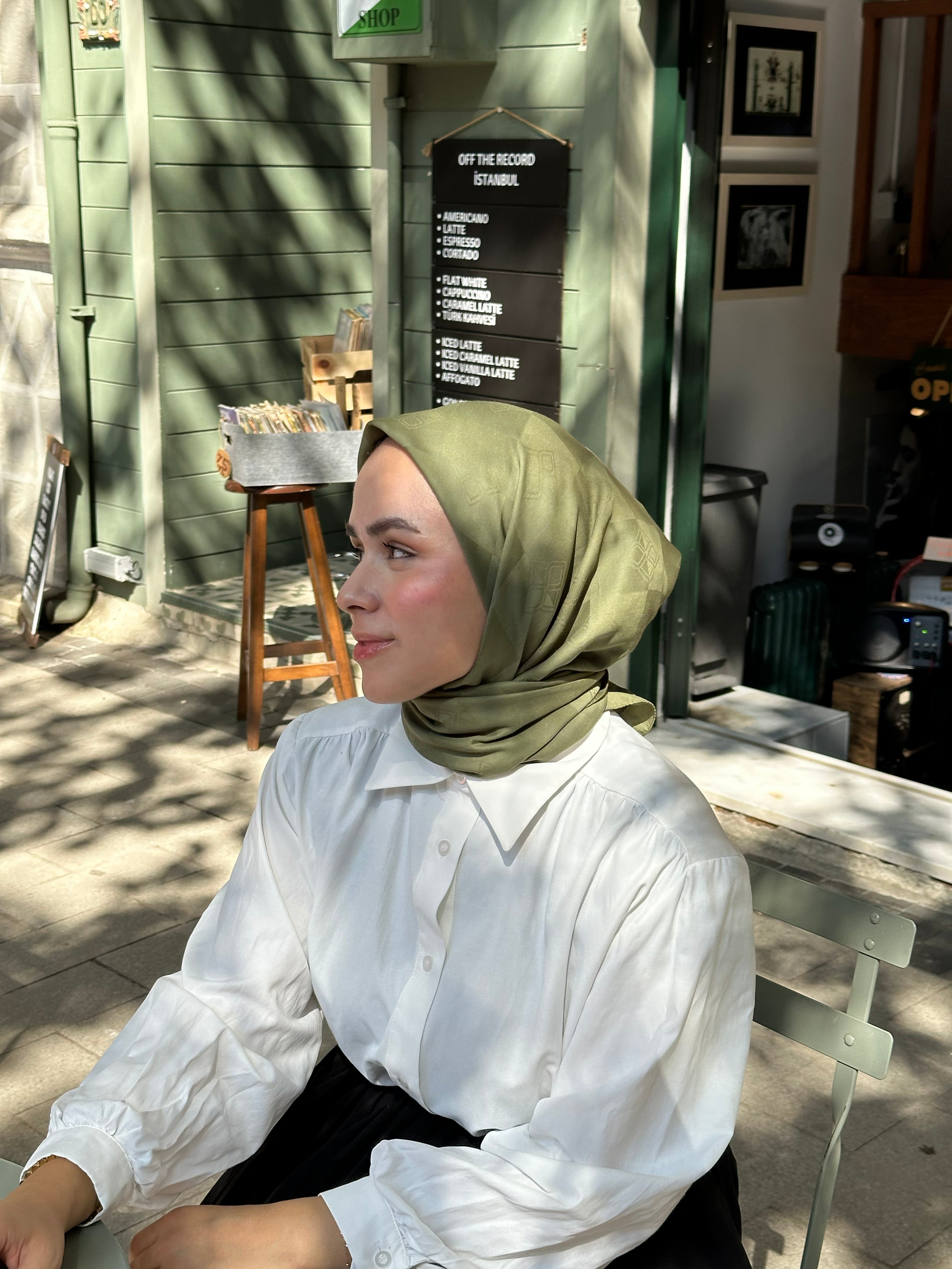 Pamuk Viskon Dama Desen Eşarp - Haki - Emproyal