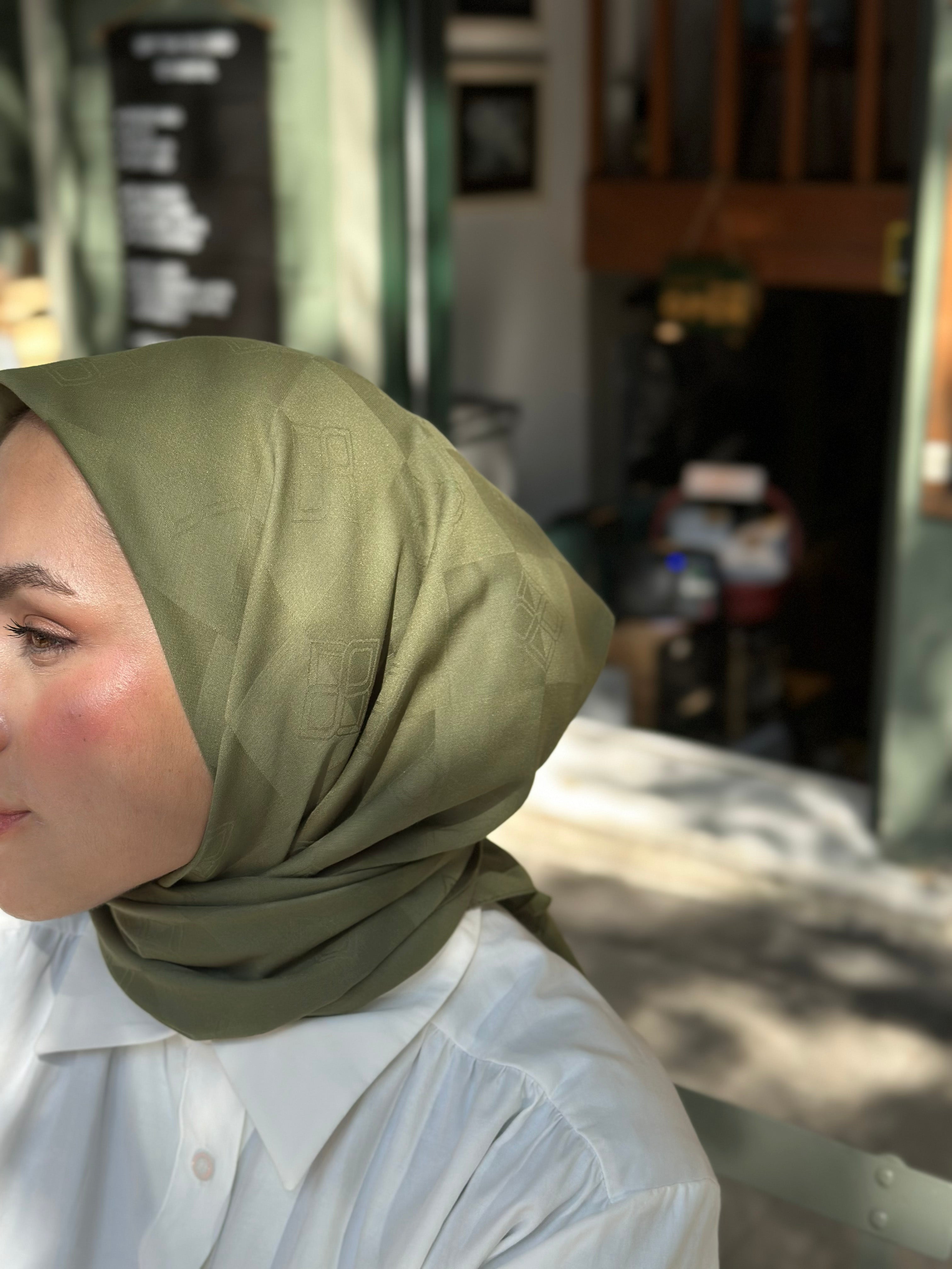 Pamuk Viskon Dama Desen Eşarp - Haki - Emproyal