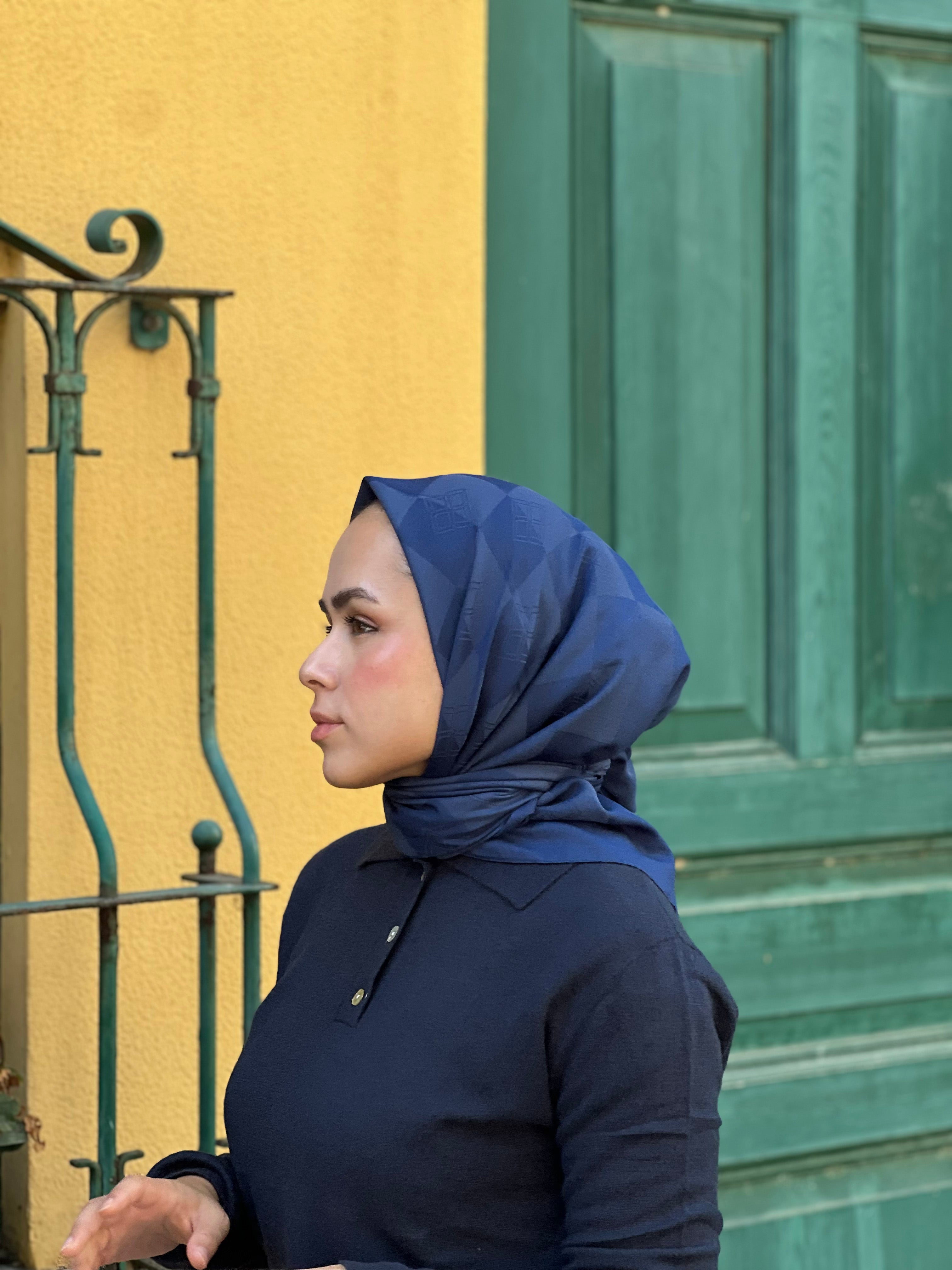 Pamuk Viskon Dama Desen Eşarp - Lacivert - Emproyal