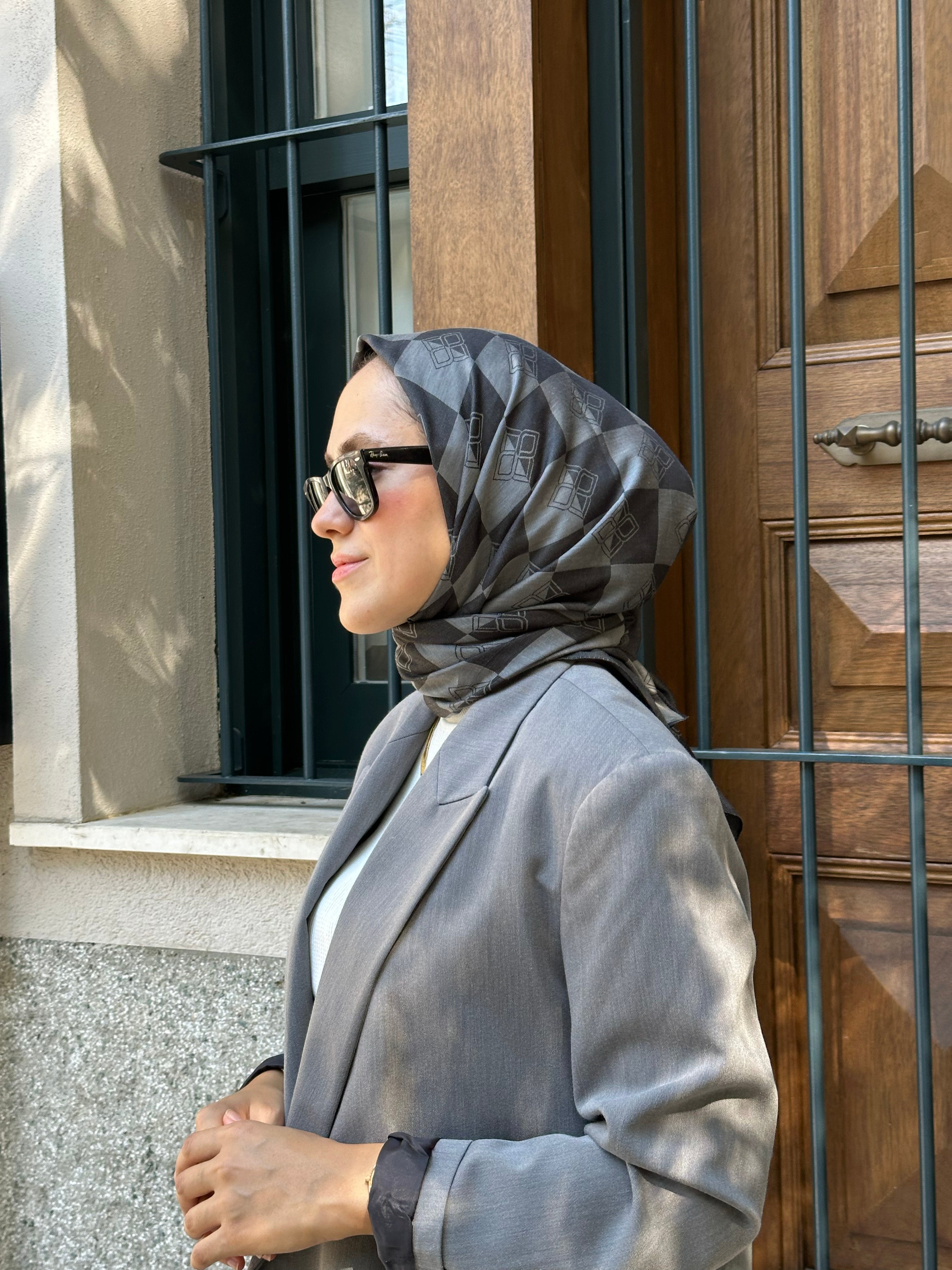 Pamuk Viskon Dama Desen Eşarp - Siyah - Gri - Emproyal