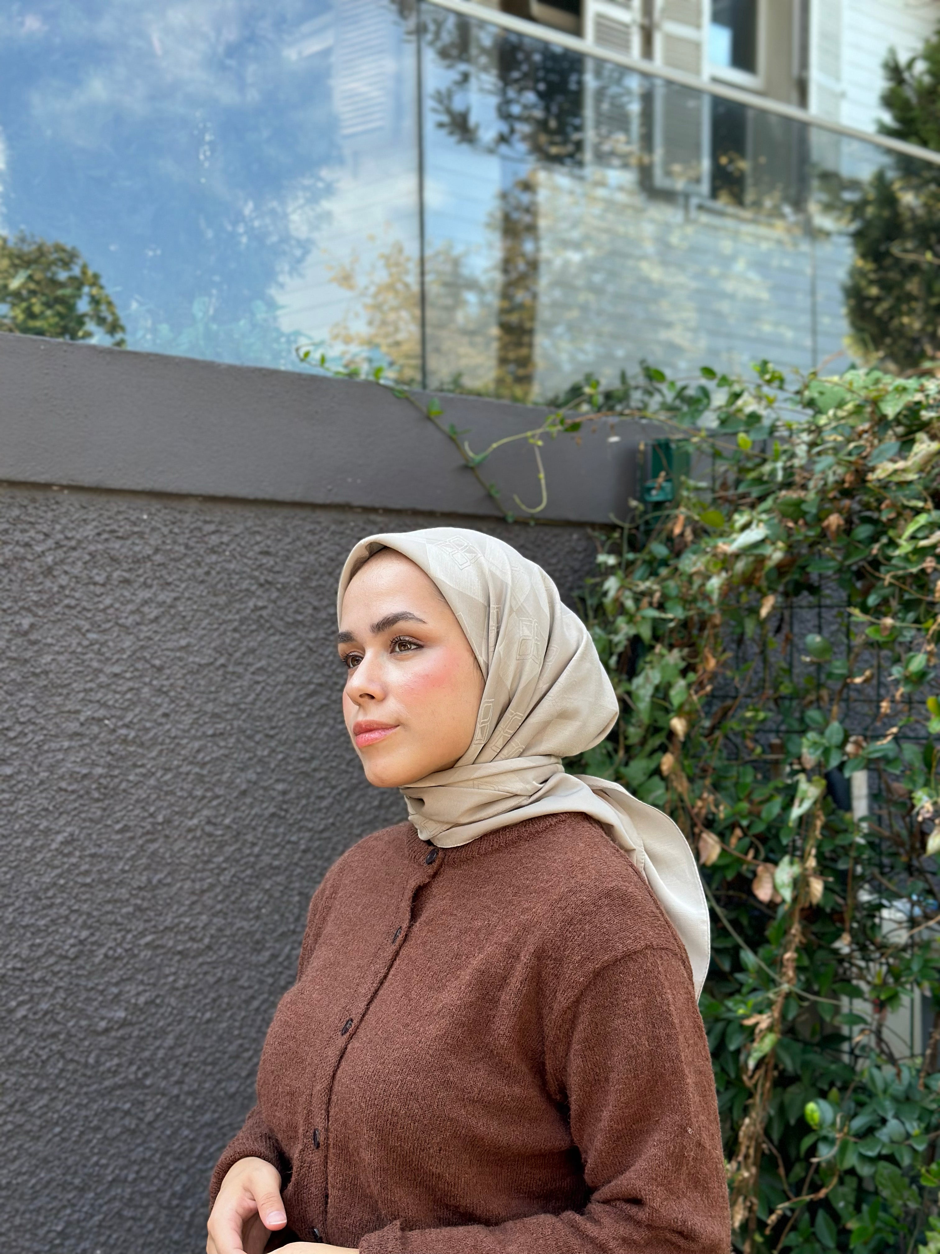 Pamuk Viskon Dama Desen Eşarp - Taş - Emproyal