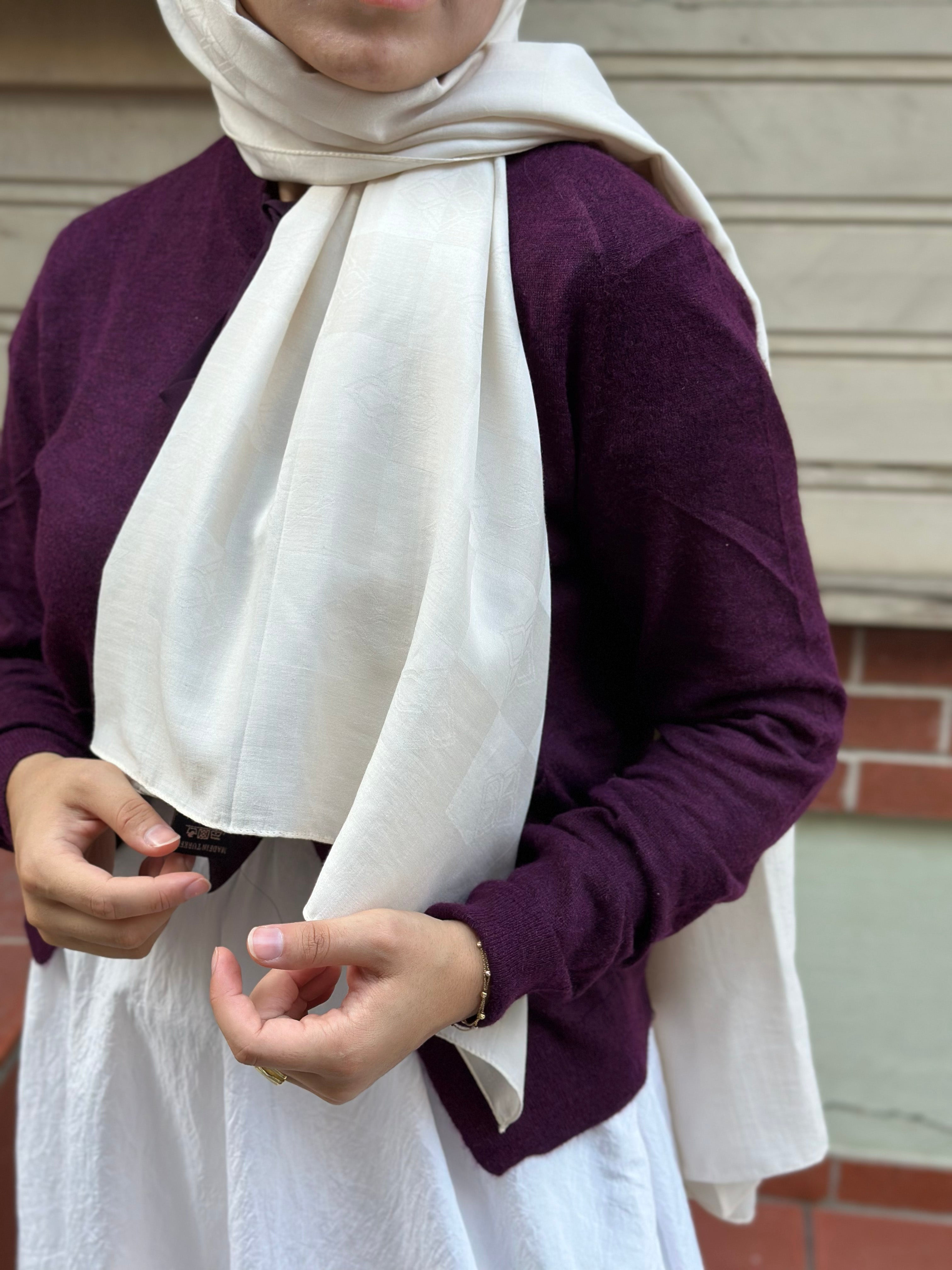 Pamuk Viskon Dama Desen Şal - Ekru - Emproyal