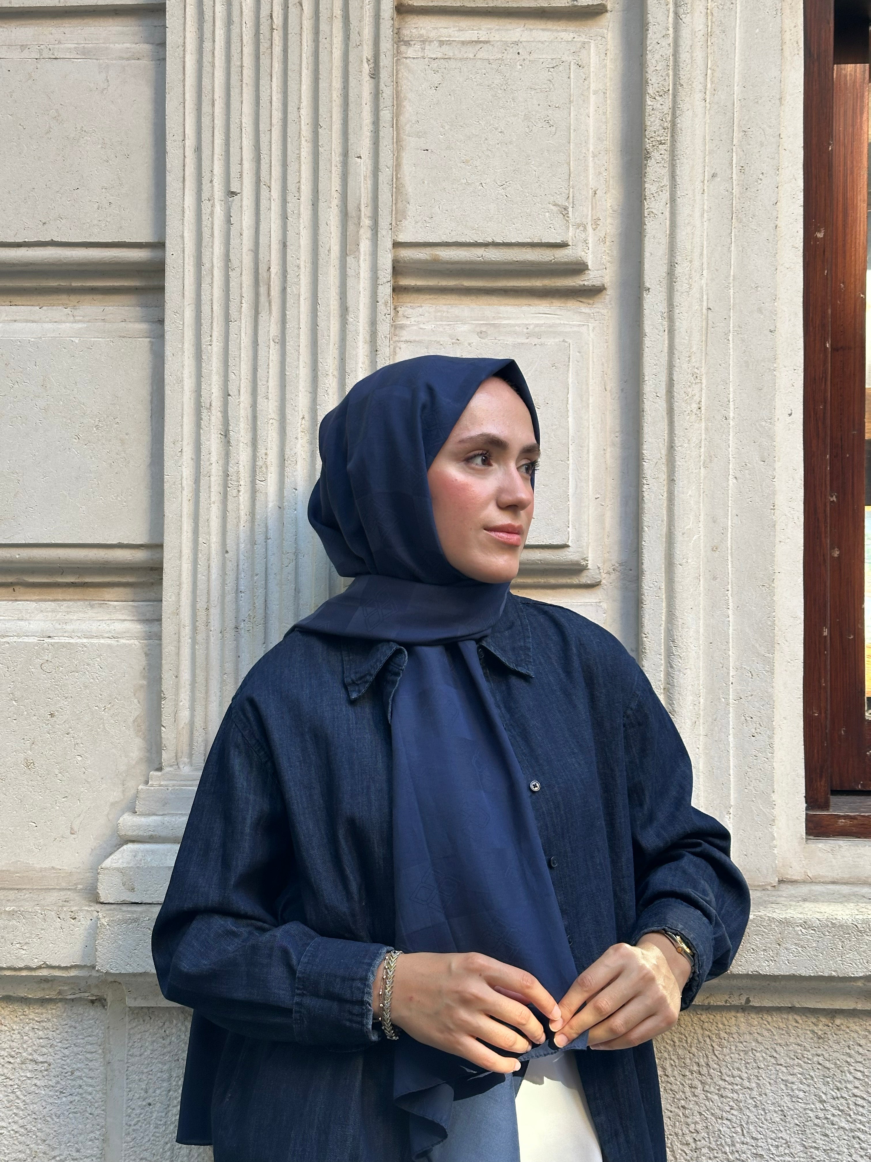 Pamuk Viskon Dama Desen Şal - Lacivert - Emproyal