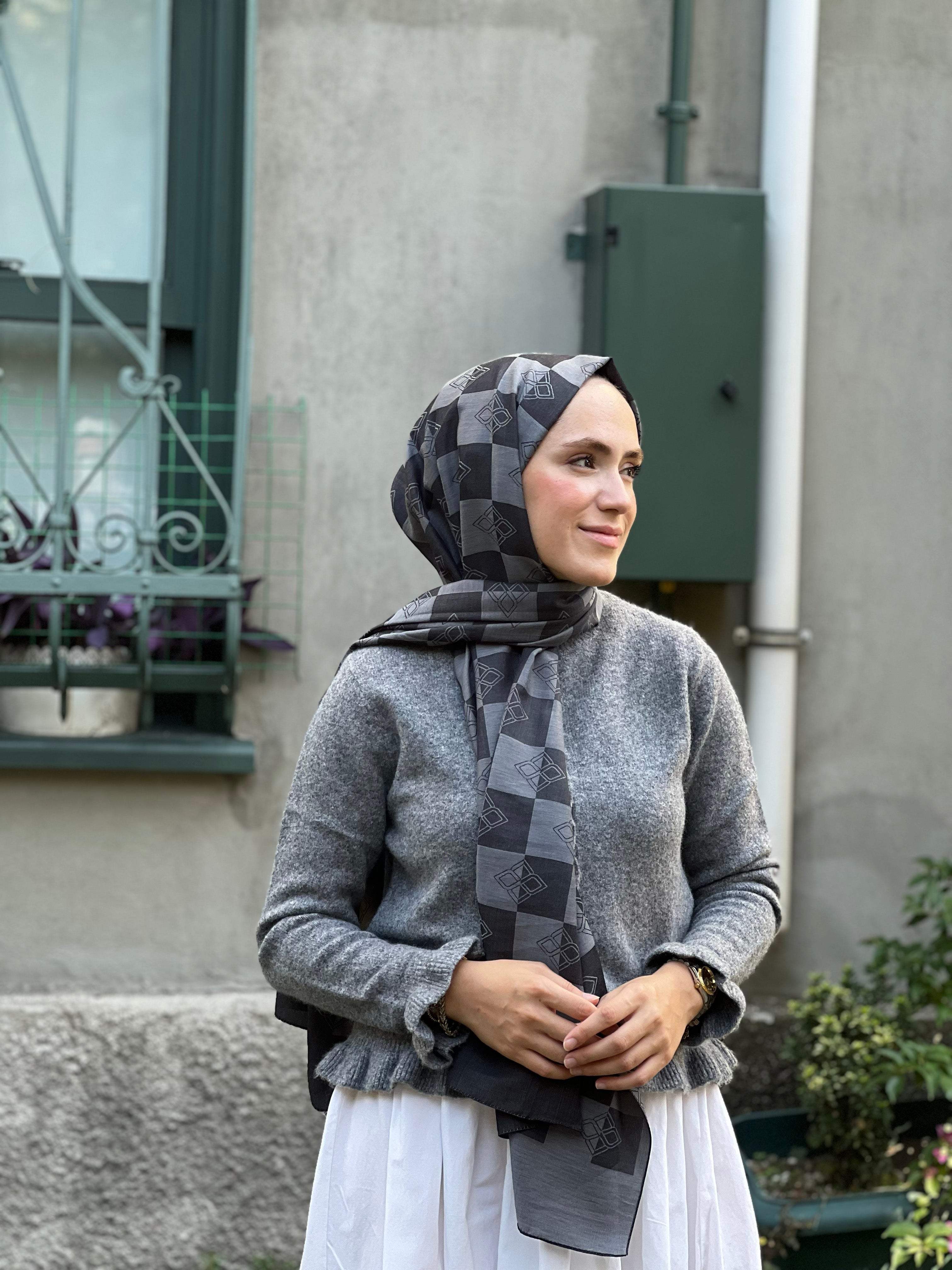 Pamuk Viskon Dama Desen Şal - Siyah - Gri - Emproyal