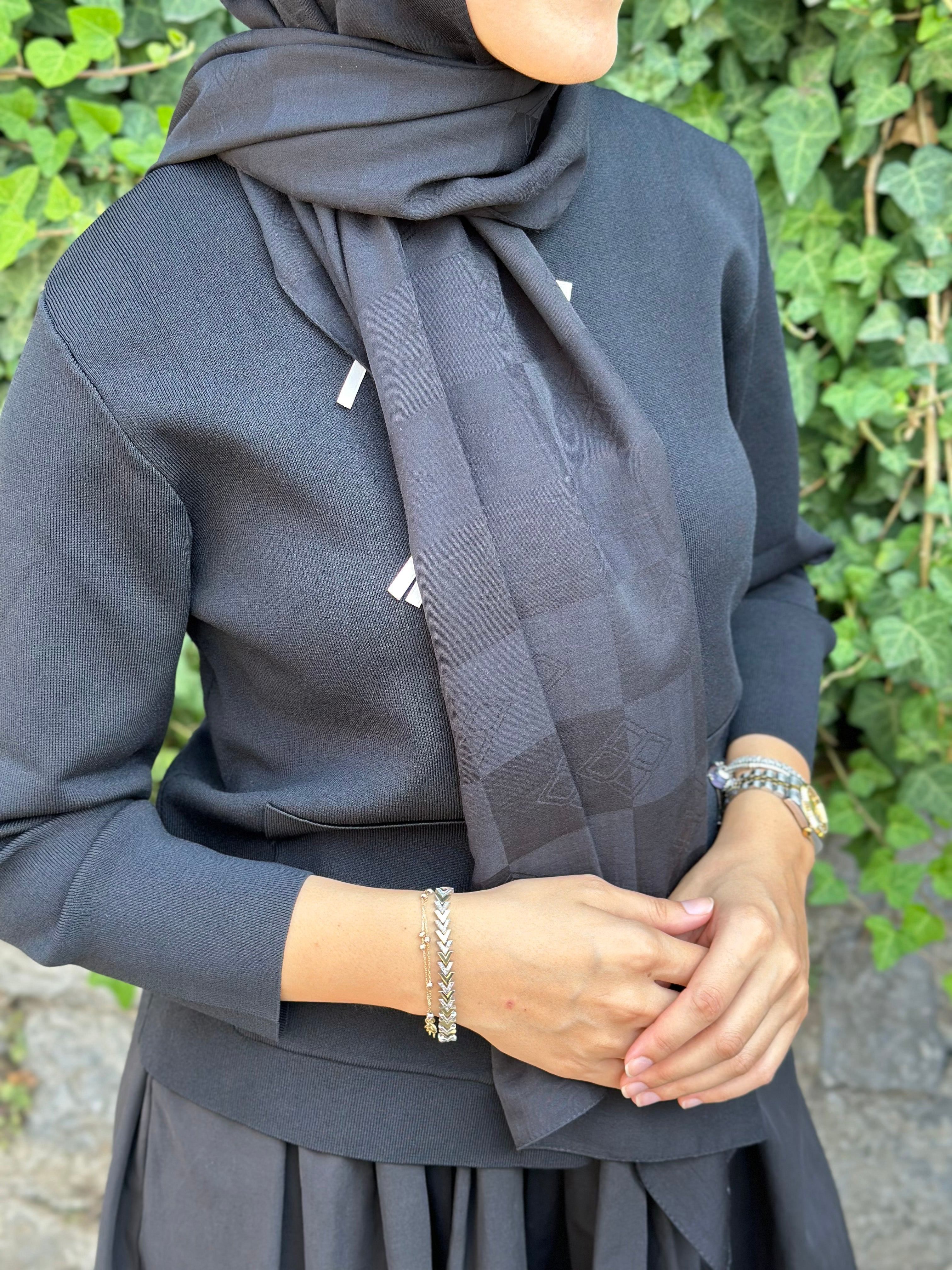 Pamuk Viskon Dama Desen Şal - Siyah - Emproyal