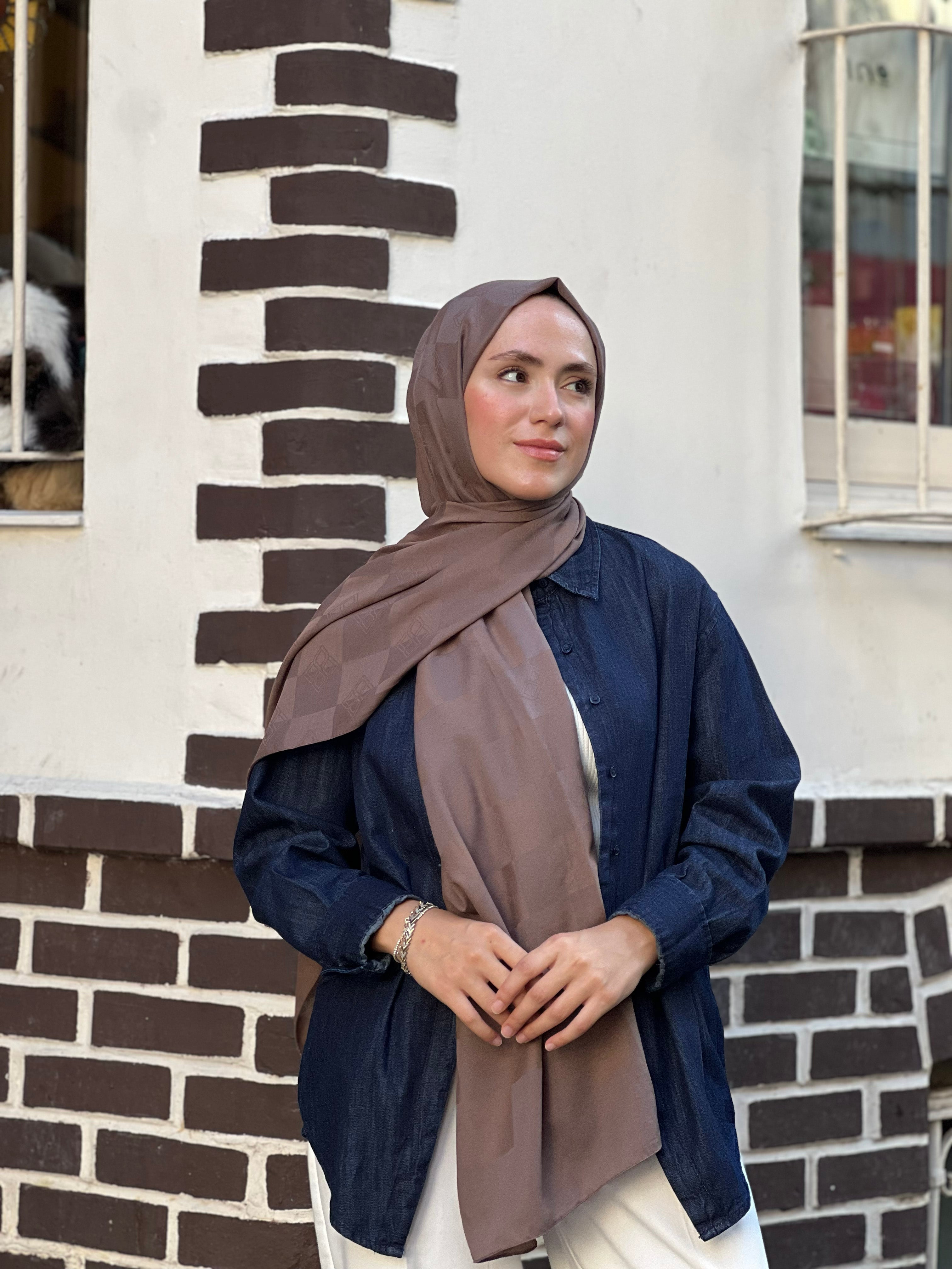 Pamuk Viskon Dama Desen Şal - Sütlü Kahve - Emproyal