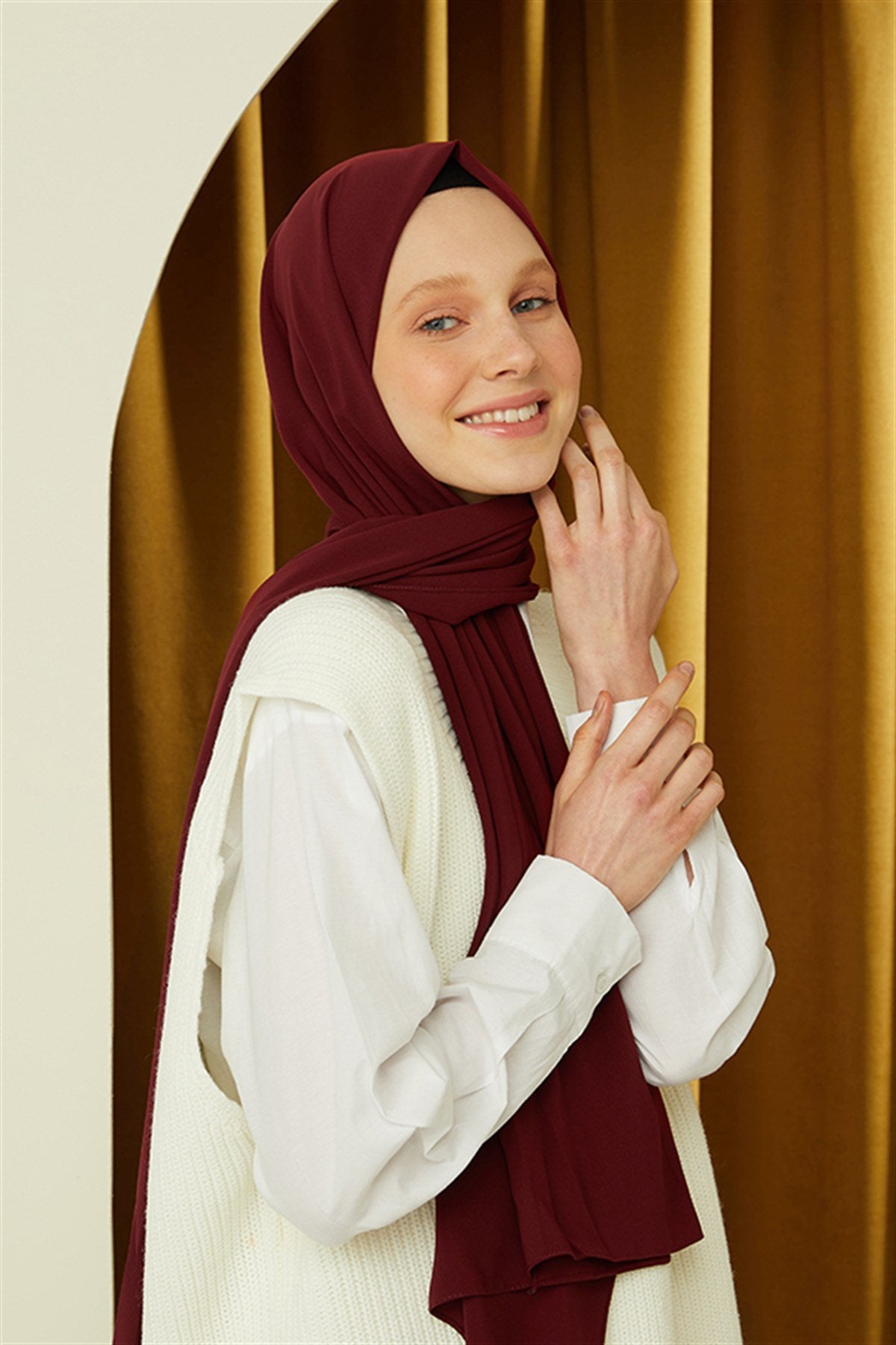 Tesettür Giyim - Düz Medine İpeği Şal - Koyu Bordo - Emproyal