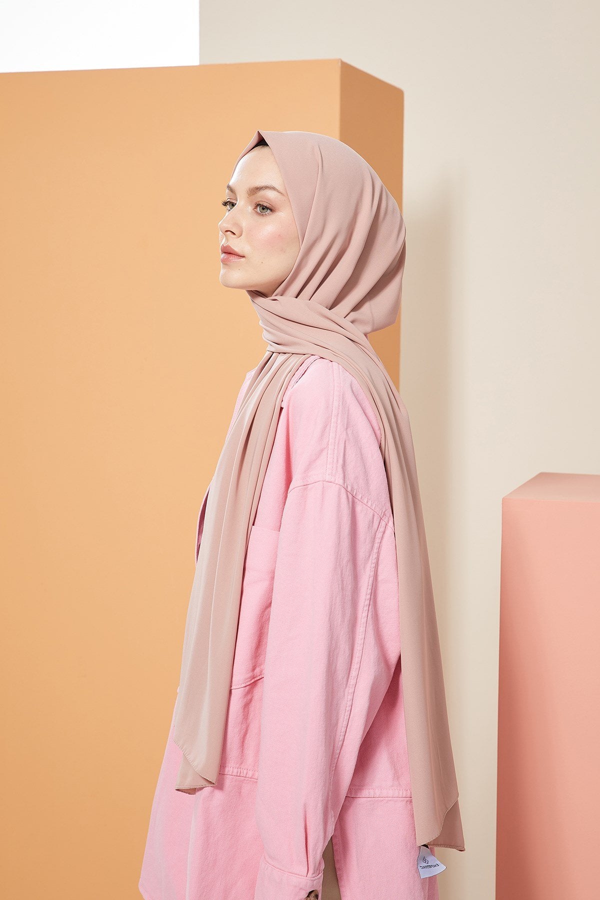 Tesettür Giyim - Düz Medine İpeği Şal - Bej-Pudra - Emproyal