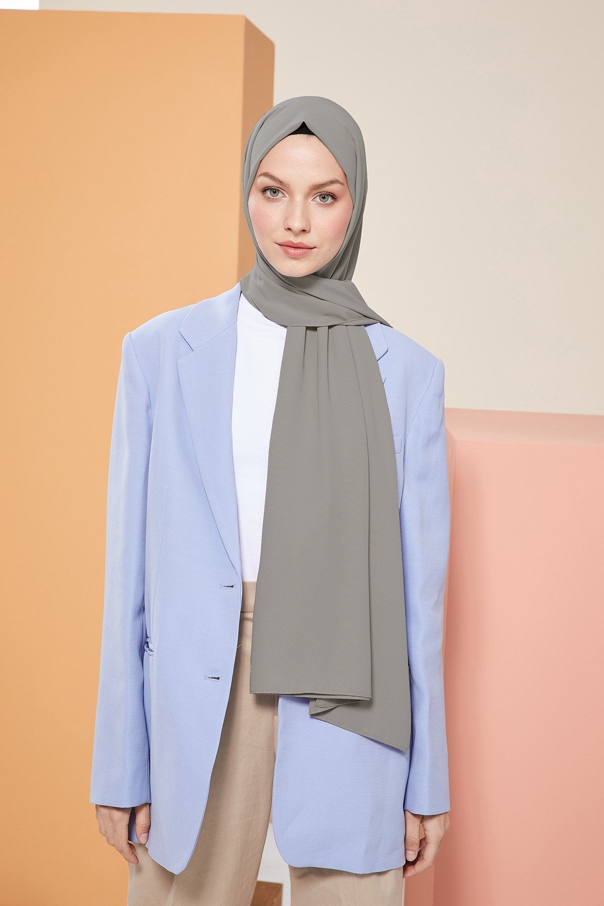 Tesettür Giyim - Düz Medine İpeği Şal - Yeşil - Antrasit - Emproyal