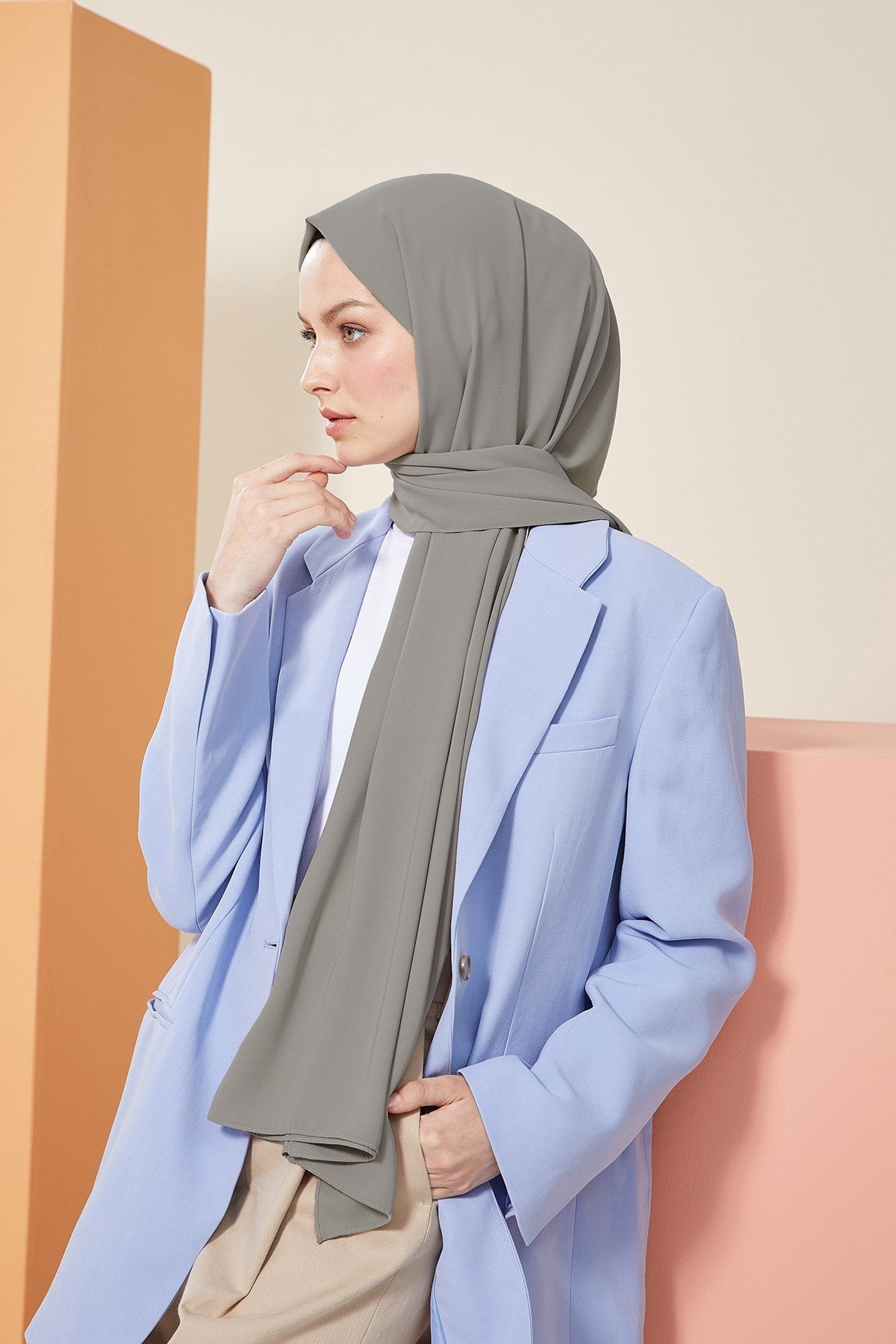 Tesettür Giyim - Düz Medine İpeği Şal - Yeşil - Antrasit - Emproyal