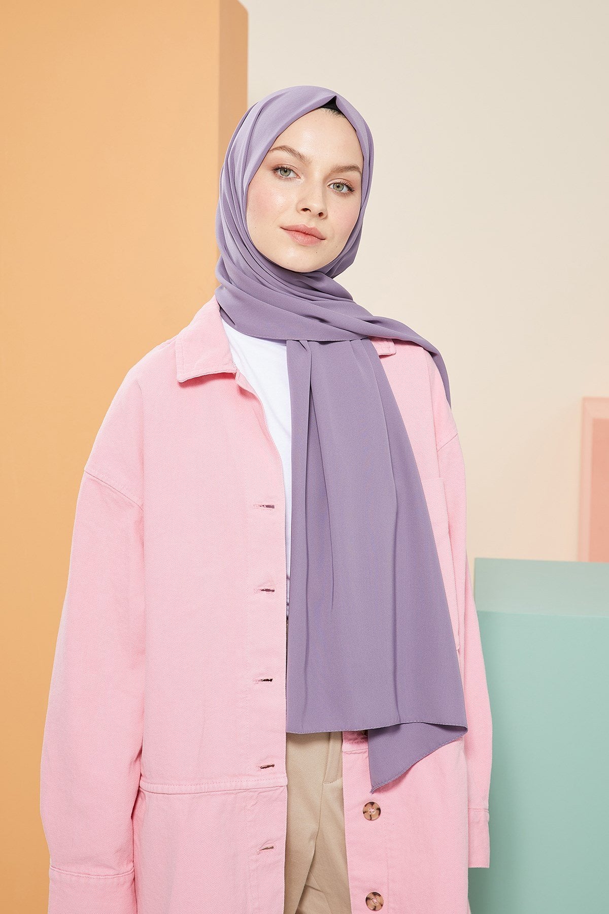 Tesettür Giyim - Düz Medine İpeği Şal - Leylak - Emproyal