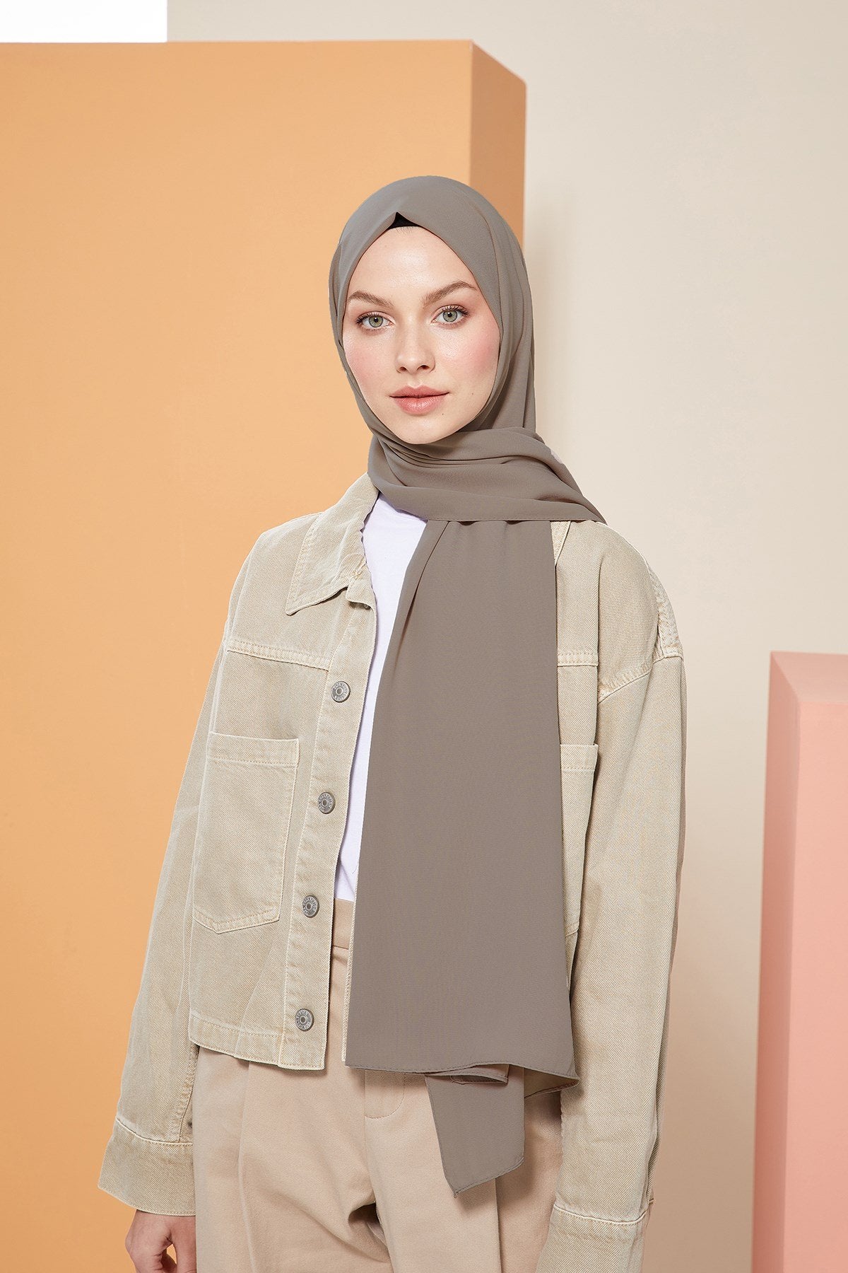 Tesettür Giyim - Düz Medine İpeği Şal - Vizon - Emproyal