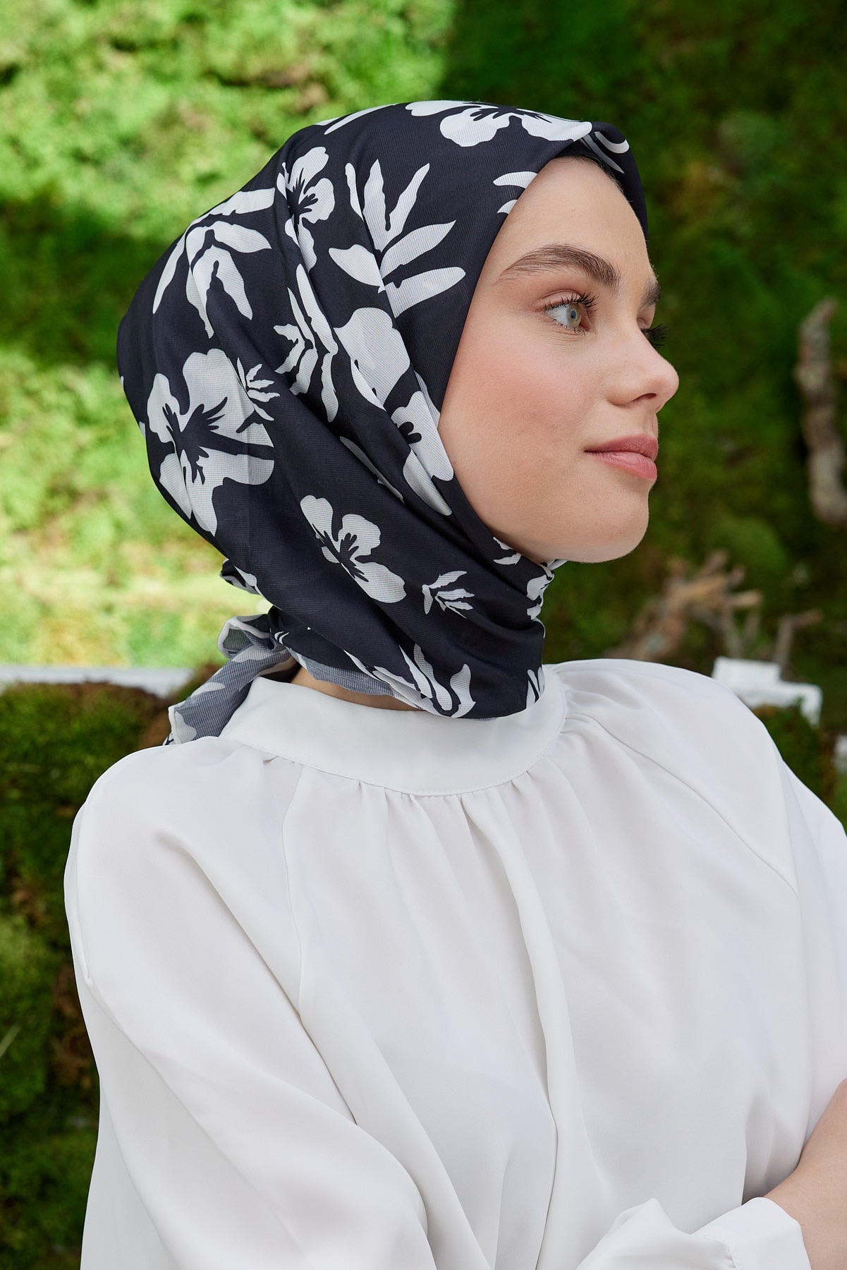 Tesettür Giyim - Pro Line Lavinia Desen Eşarp - Siyah - Beyaz - Emproyal