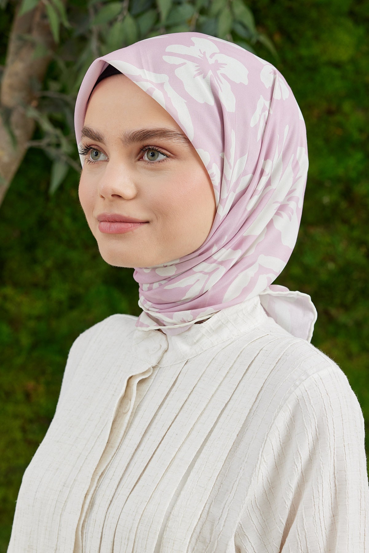 Tesettür Giyim - Pro Line Lavinia Desen Eşarp - Pudra - Beyaz - Emproyal