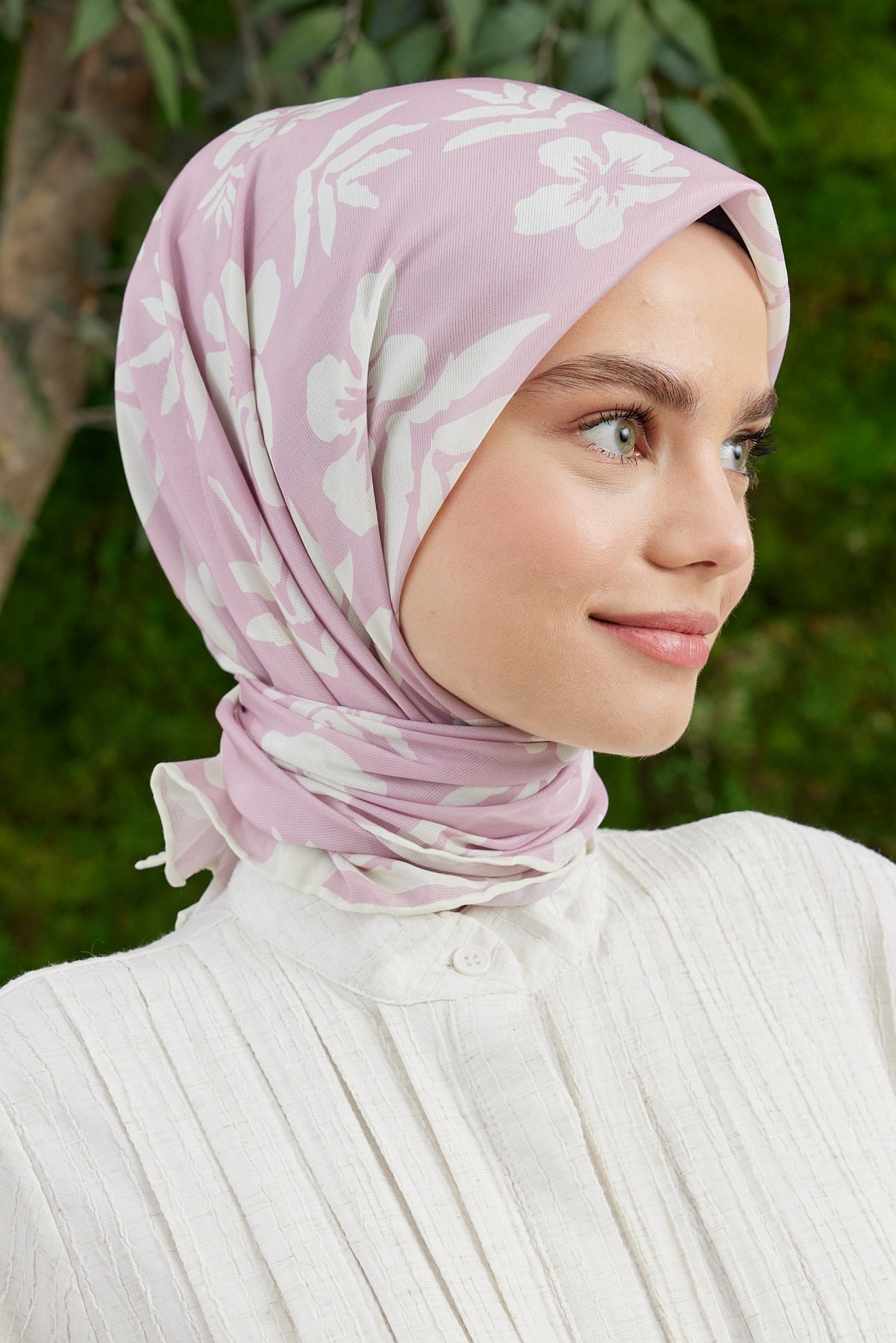 Tesettür Giyim - Pro Line Lavinia Desen Eşarp - Pudra - Beyaz - Emproyal
