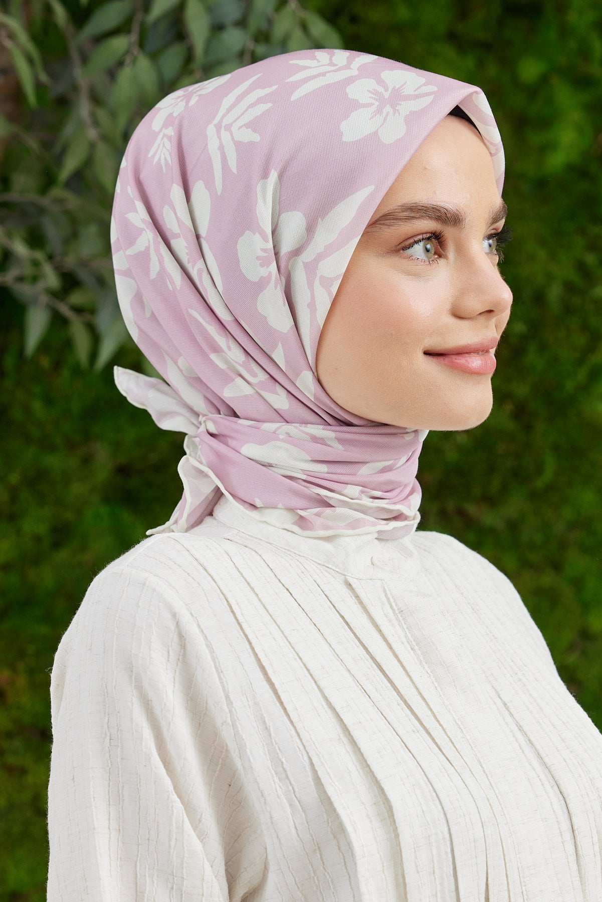 Tesettür Giyim - Pro Line Lavinia Desen Eşarp - Pudra - Beyaz - Emproyal