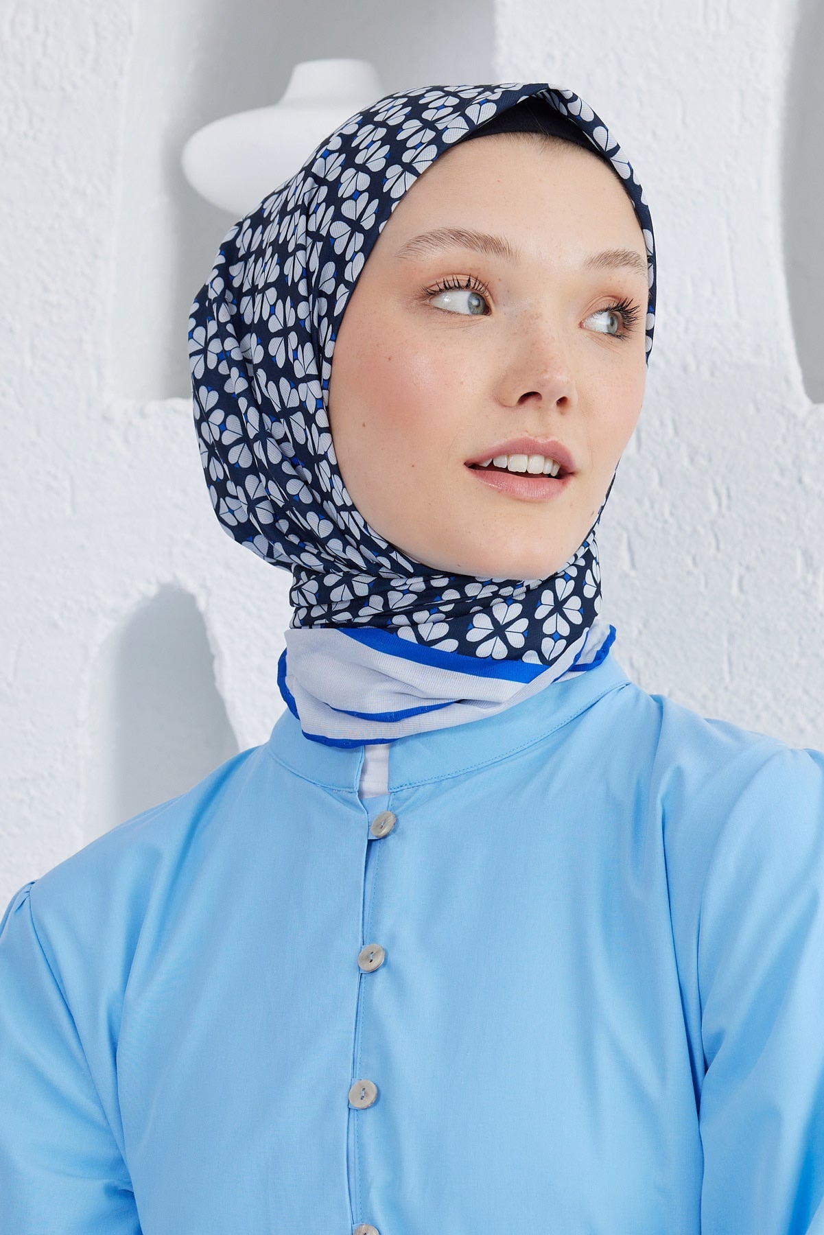 Tesettür Giyim - Pro Line Yonca Desen Eşarp - Lacivert - Mavi - Emproyal