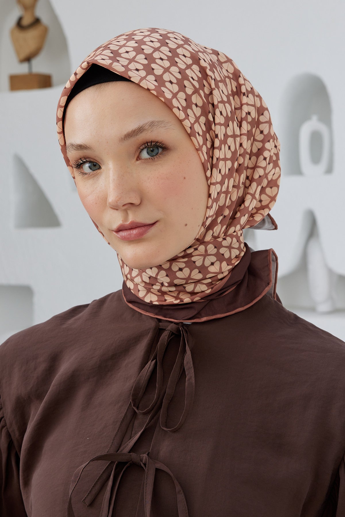 Tesettür Giyim - Pro Line Yonca Desen Eşarp - Karamel - Emproyal