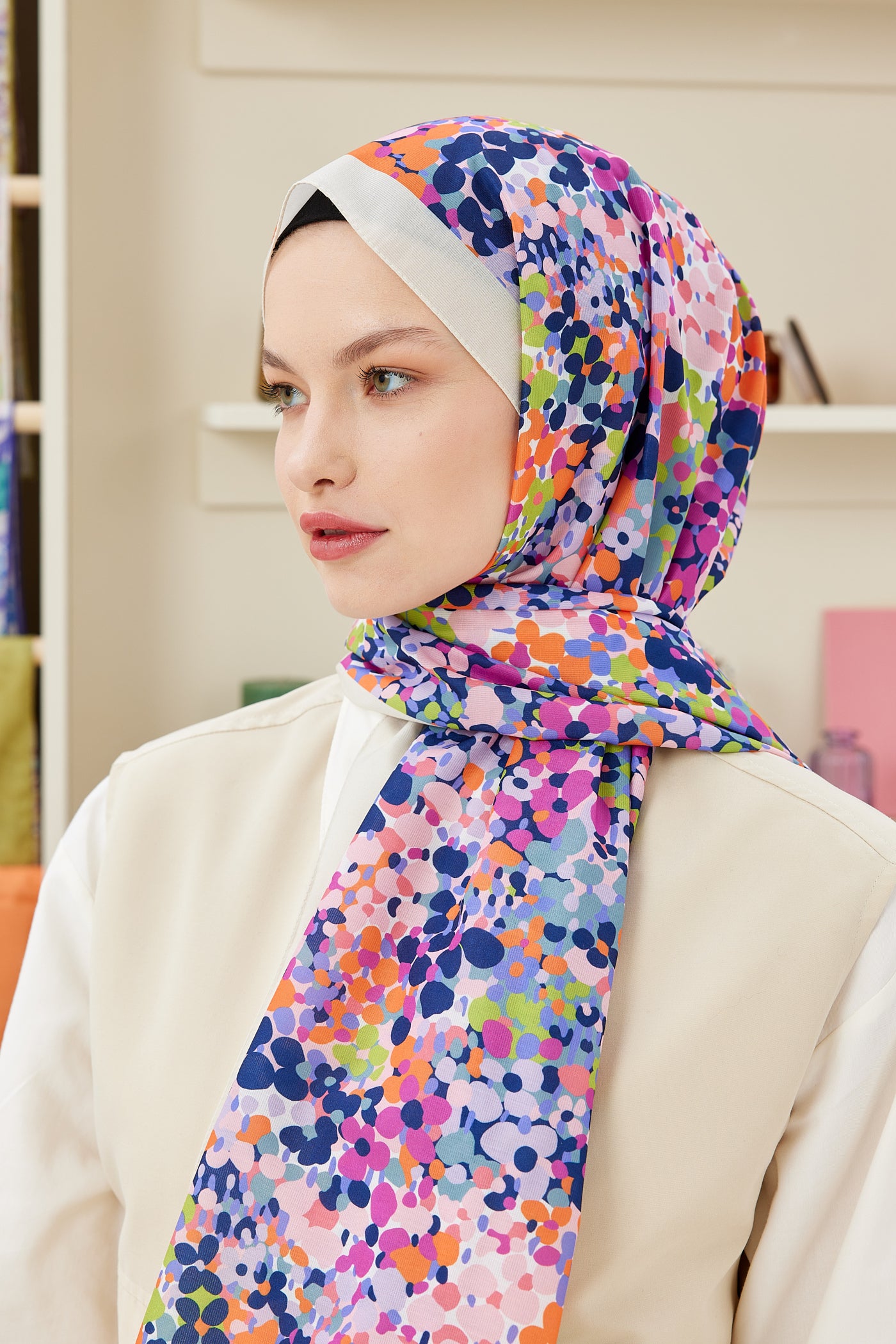 Tesettür Giyim - Pro Line Lavin Desen Şal - Bej - Nar Çiçeği - Emproyal