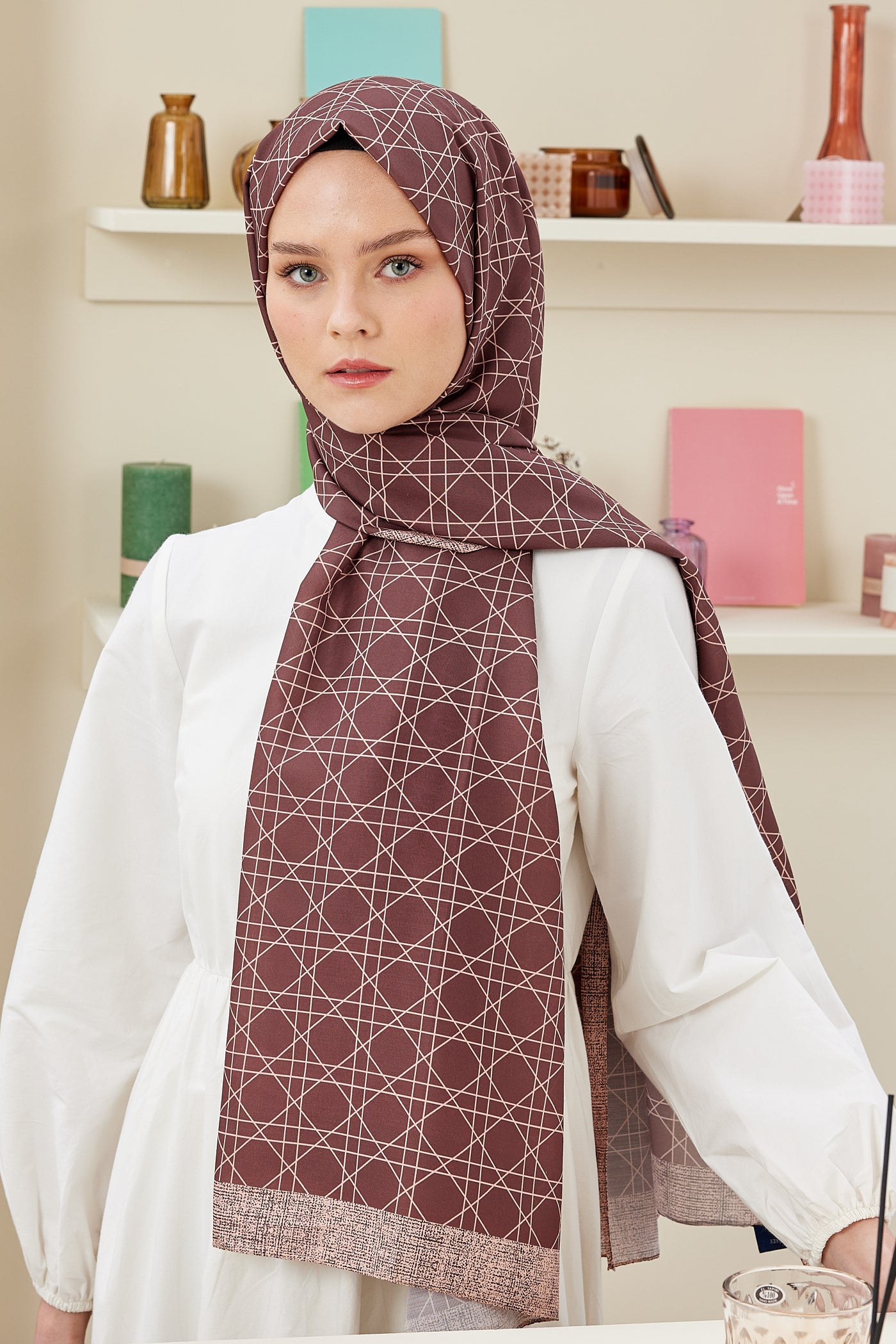 Tesettür Giyim - Pro Line Geometric Desen Şal - Kiremit - Emproyal