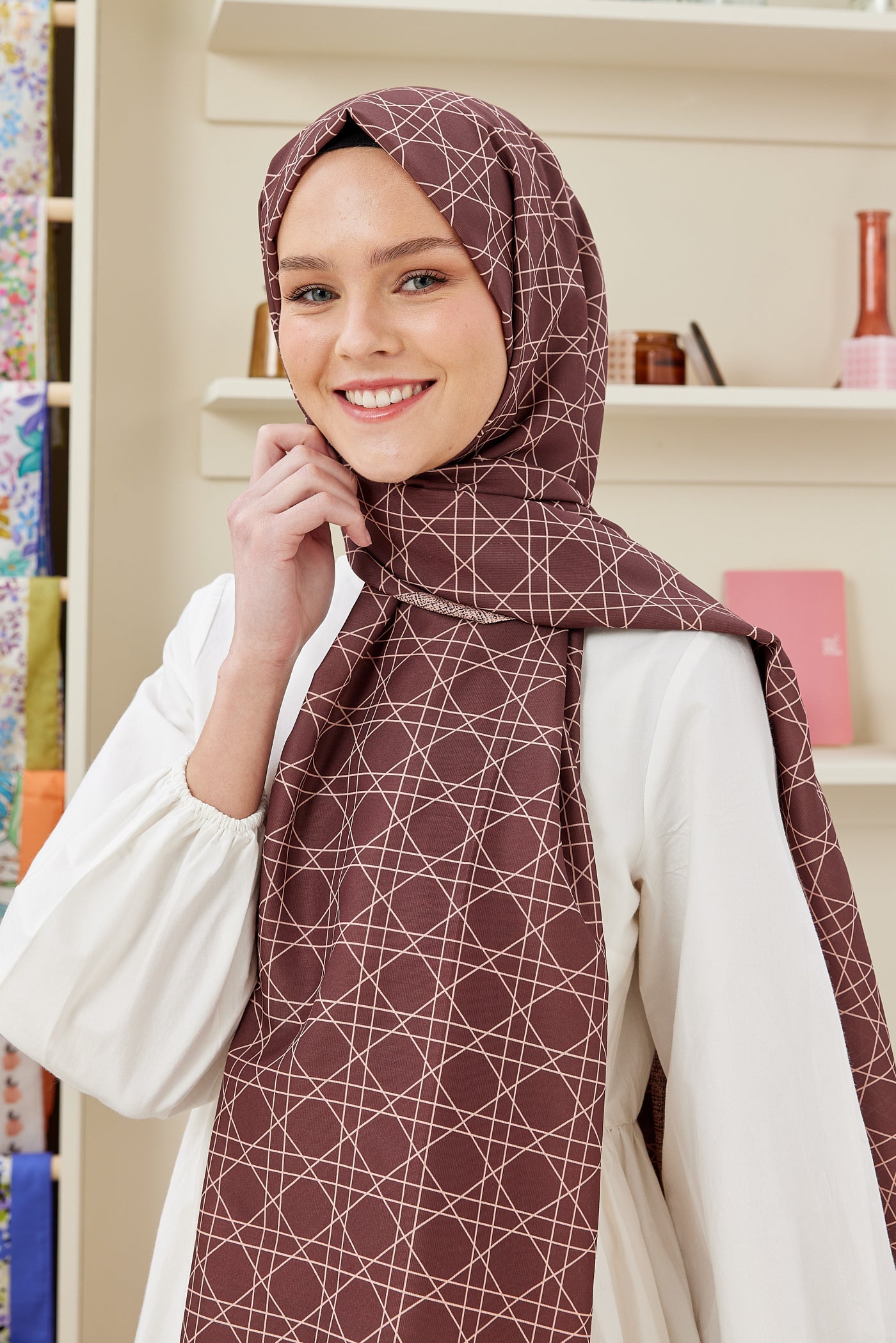 Tesettür Giyim - Pro Line Geometric Desen Şal - Kiremit - Emproyal