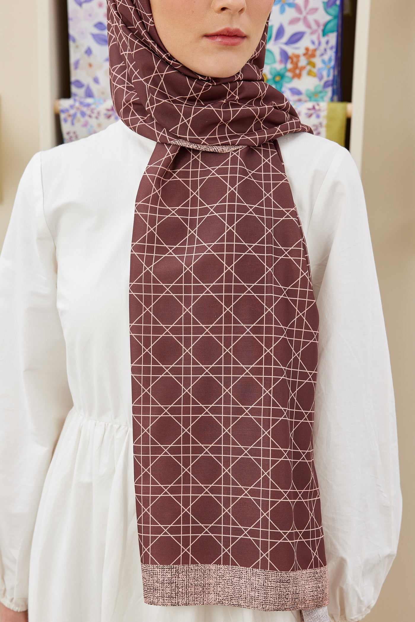 Tesettür Giyim - Pro Line Geometric Desen Şal - Kiremit - Emproyal