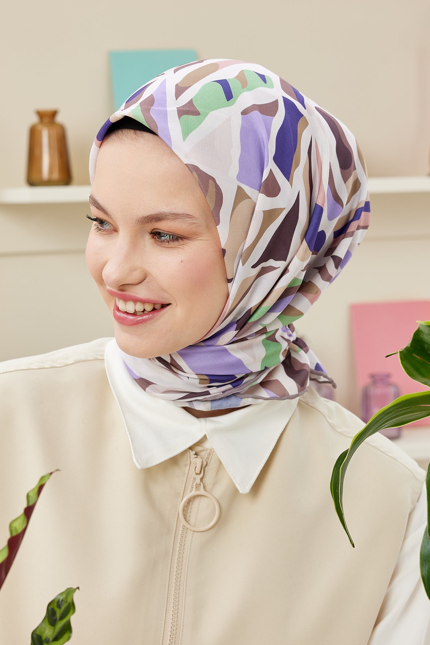 Tesettür Giyim - Pro Line Chloe Desen Eşarp - Krem - Vizon - Emproyal