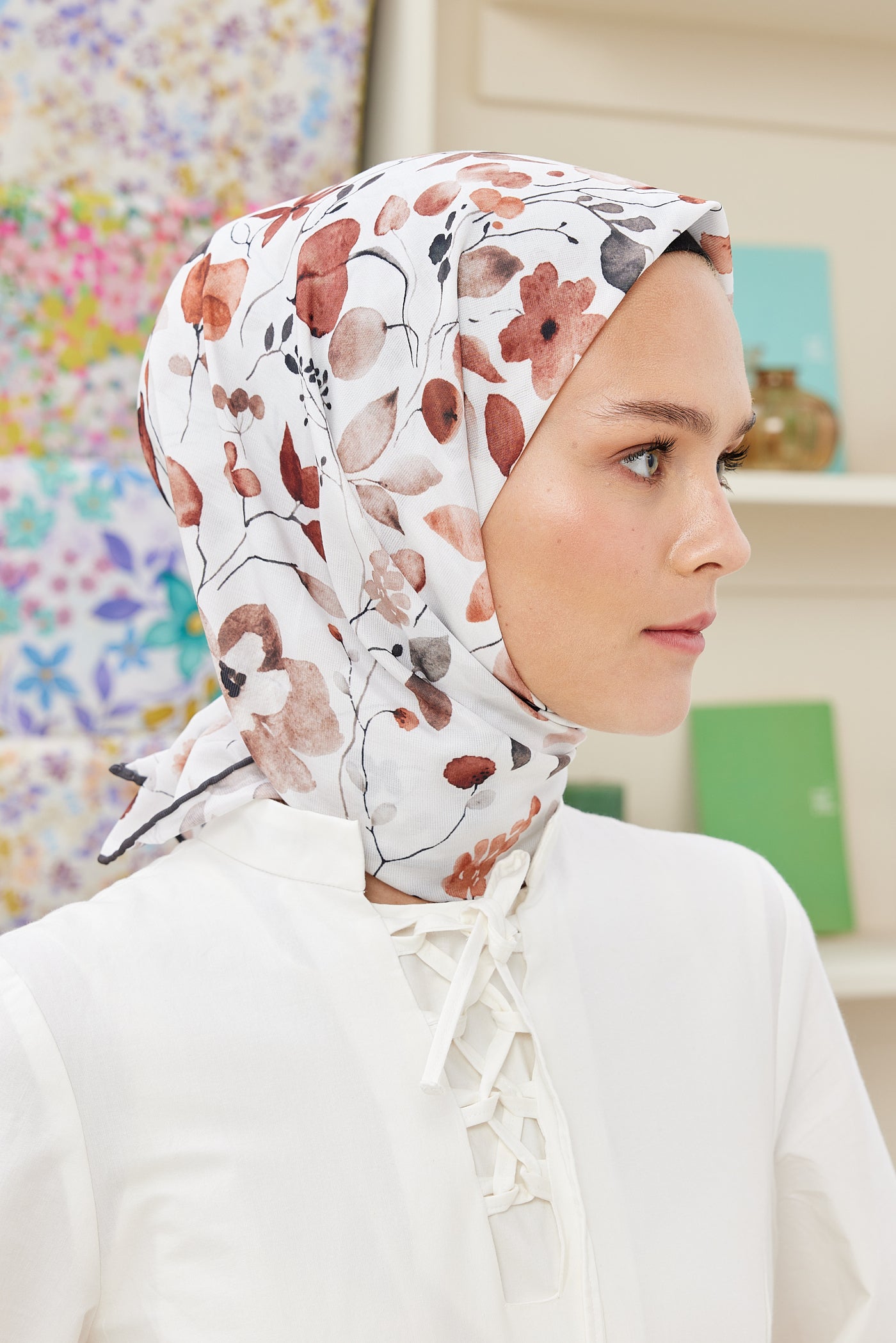 Tesettür Giyim - Pro Line Mimosa Desen Eşarp - Krem - Kahve - Emproyal